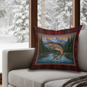 Plaid Fishing Pillow – Linen Throw Cushion with Trout and Mountain Landscape Design