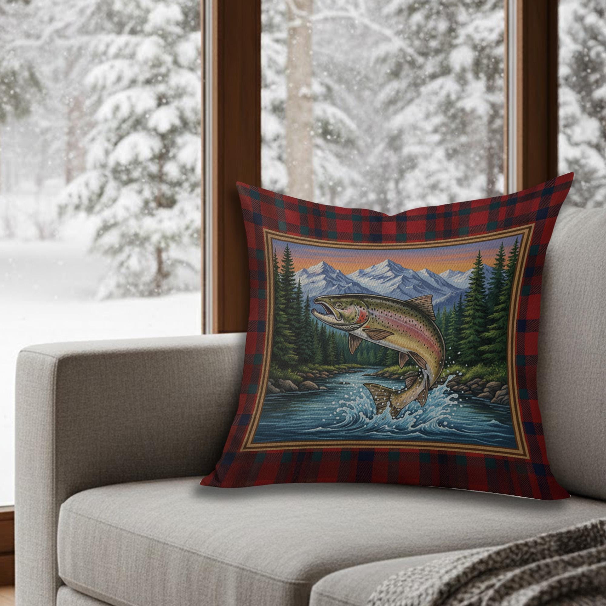 Plaid Fishing Pillow – Linen Throw Cushion with Trout and Mountain Landscape Design