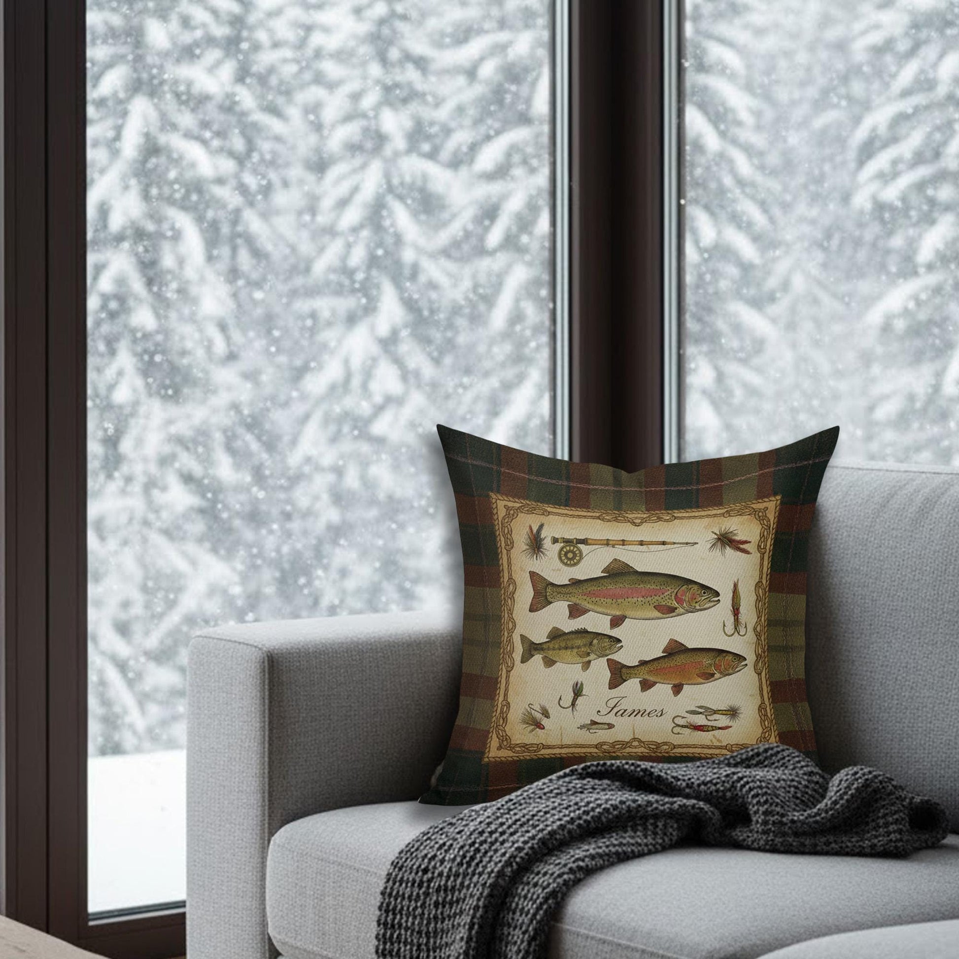 Personalized Fishing Pillow – Plaid Linen Throw Cushion with Trout and Fly Rod Design