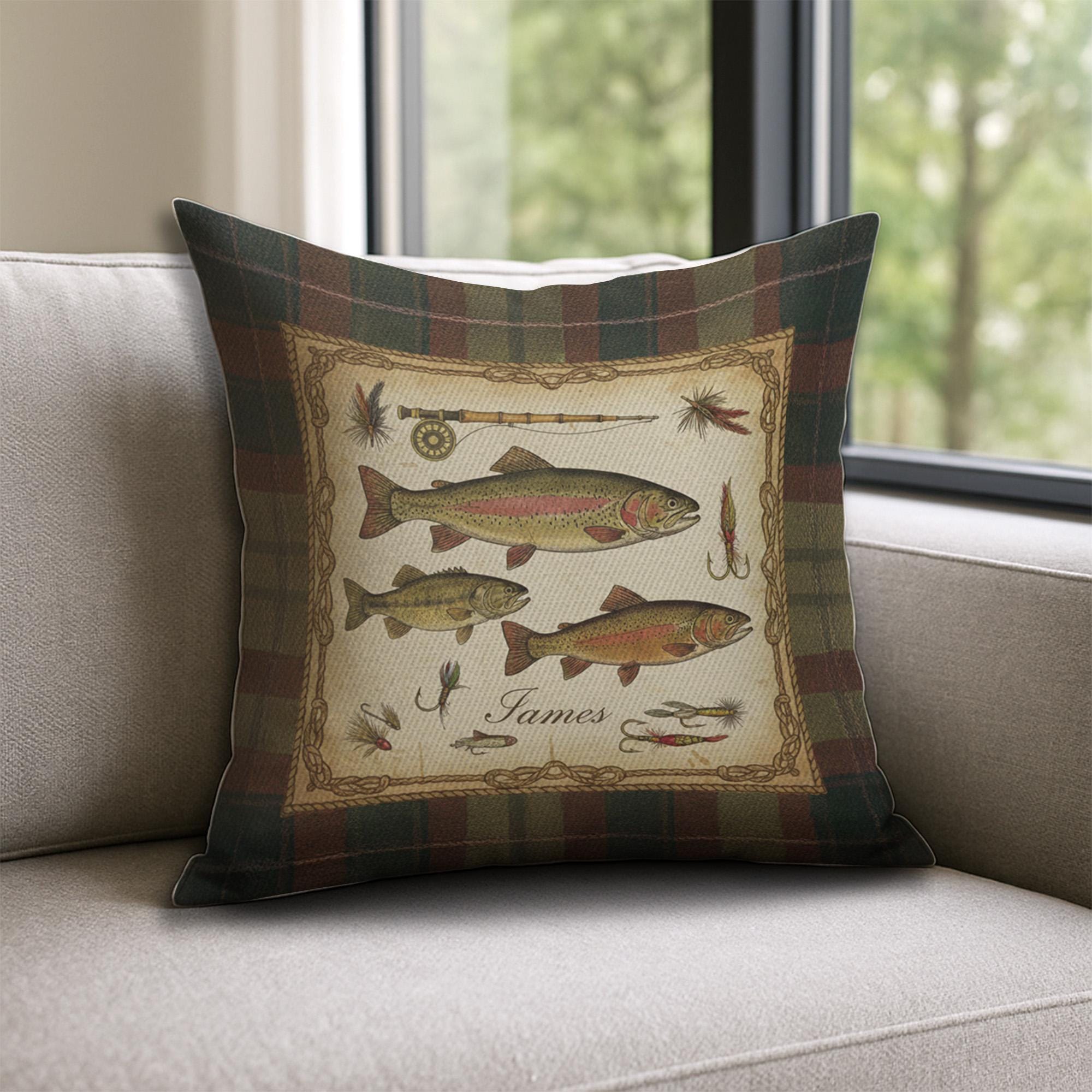Personalized Fishing Pillow – Plaid Linen Throw Cushion with Trout and Fly Rod Design
