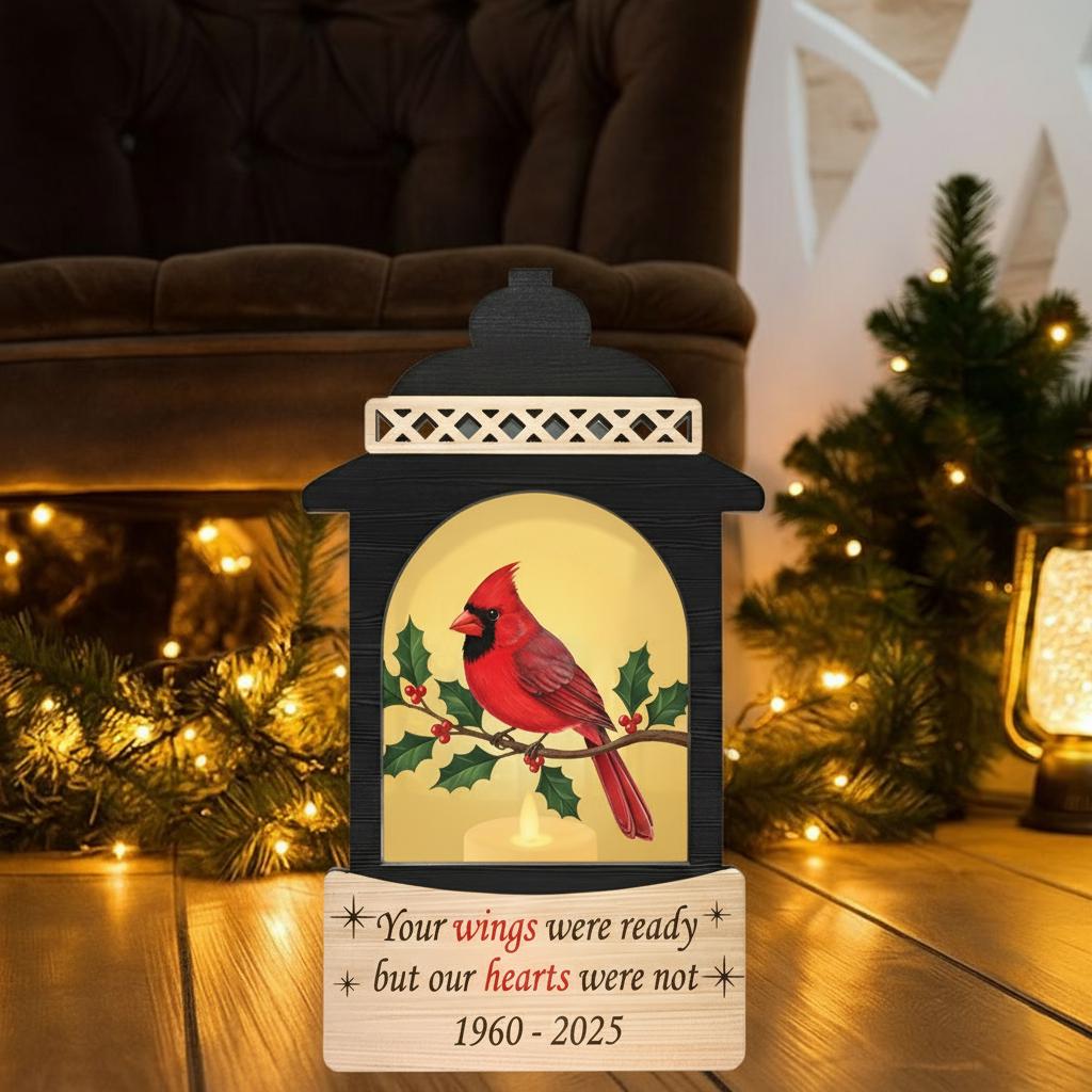 Personalized Memorial Lantern – Wooden and Acrylic Cardinal Light with Engraved Quote Design