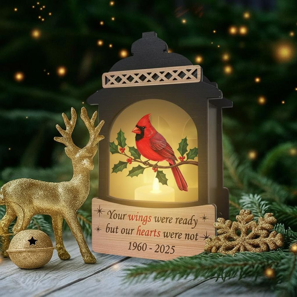 Personalized Memorial Lantern – Wooden and Acrylic Cardinal Light with Engraved Quote Design
