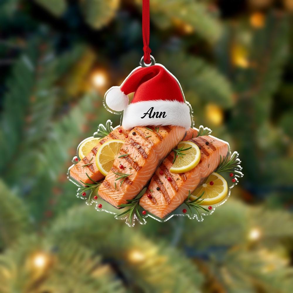Personalized Salmon Ornament – Acrylic Fish & Hat Charm