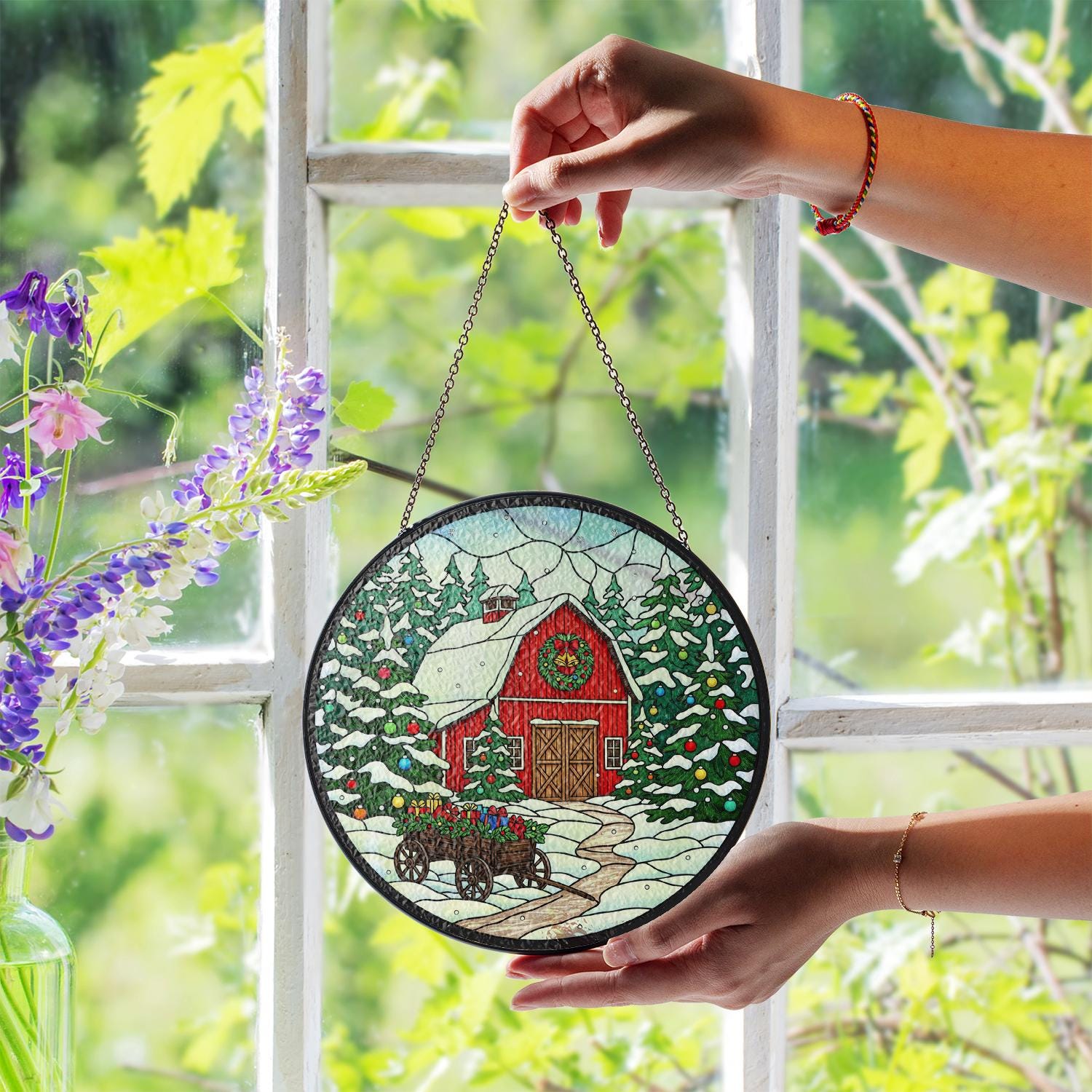 Glass Suncatcher: Barn and Snow Scene Window Decor