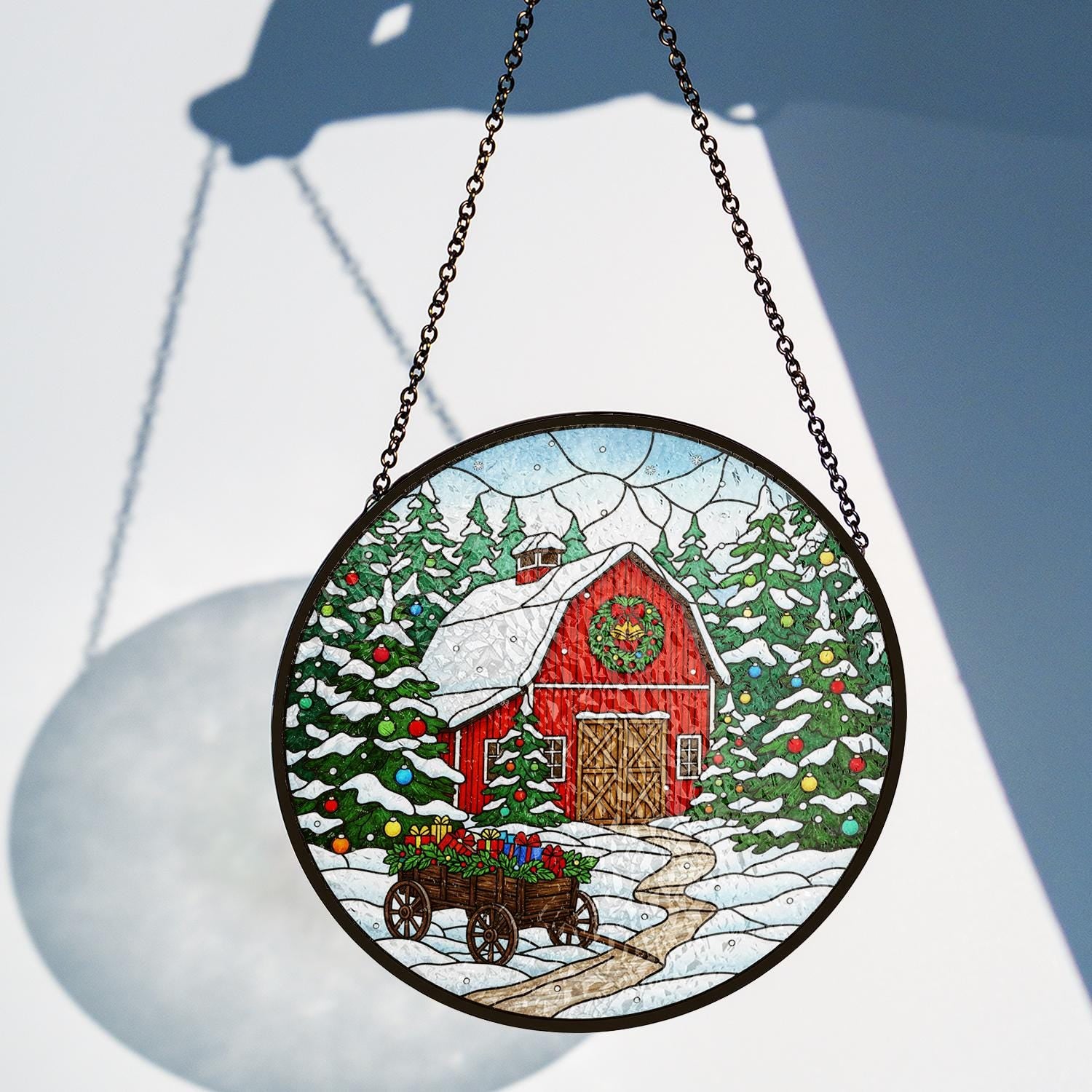 Glass Suncatcher: Barn and Snow Scene Window Decor