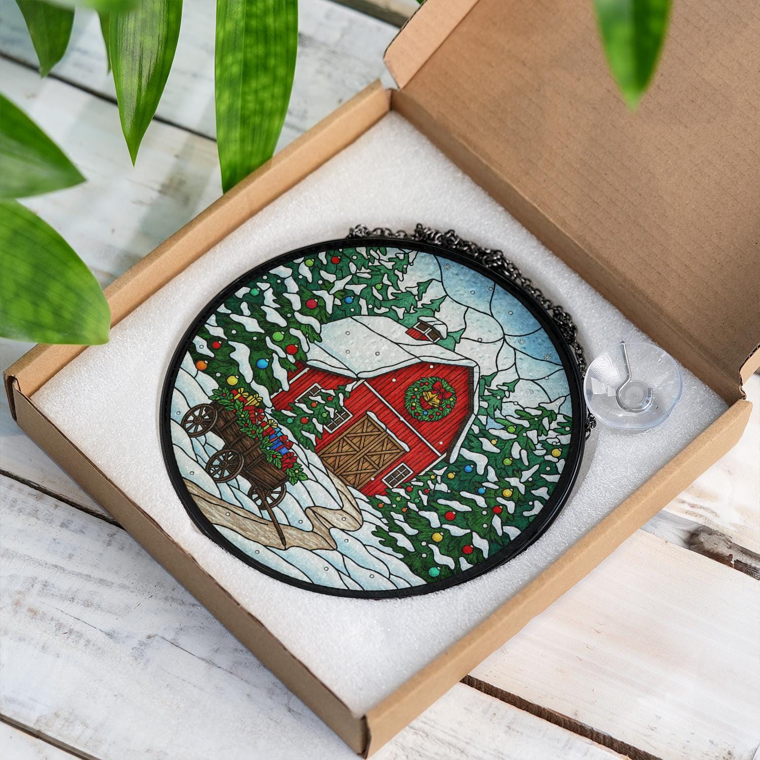 Glass Suncatcher: Barn and Snow Scene Window Decor