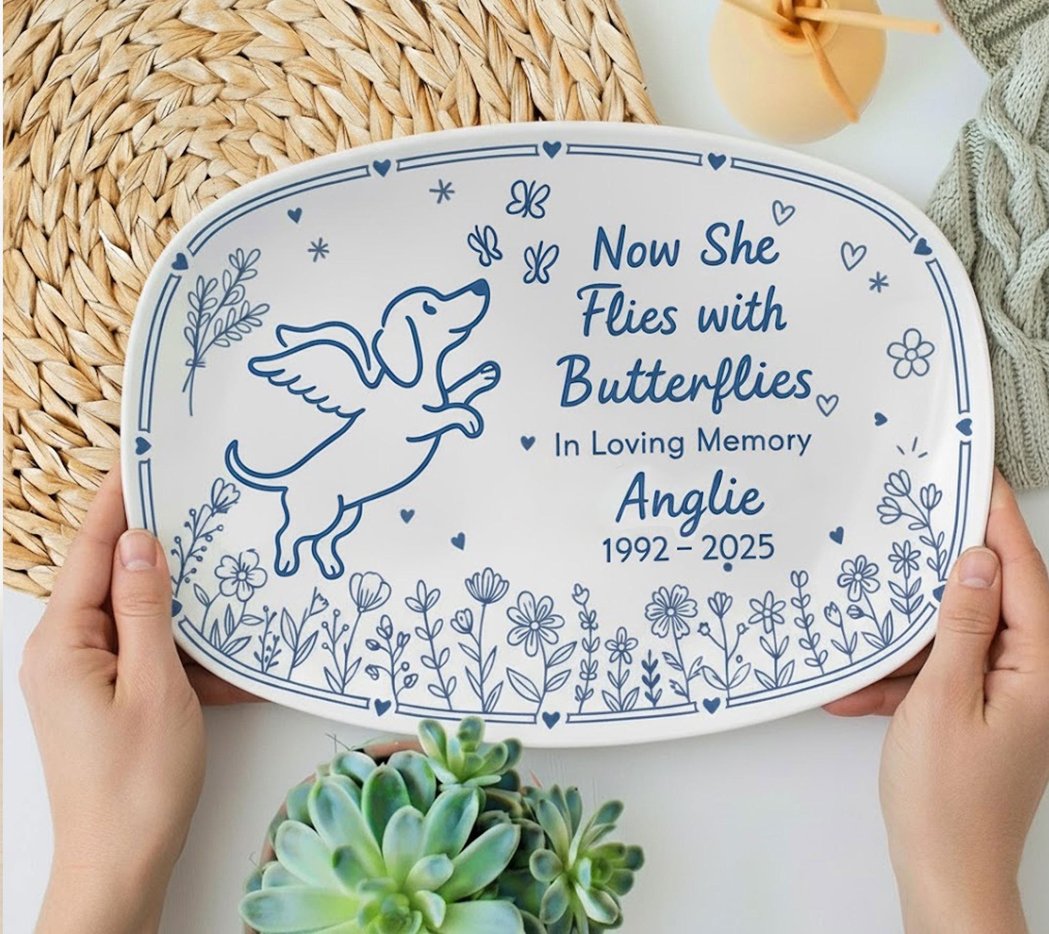 Personalized Memorial Platter – Now She Flies With Butterflies Engraved Tribute