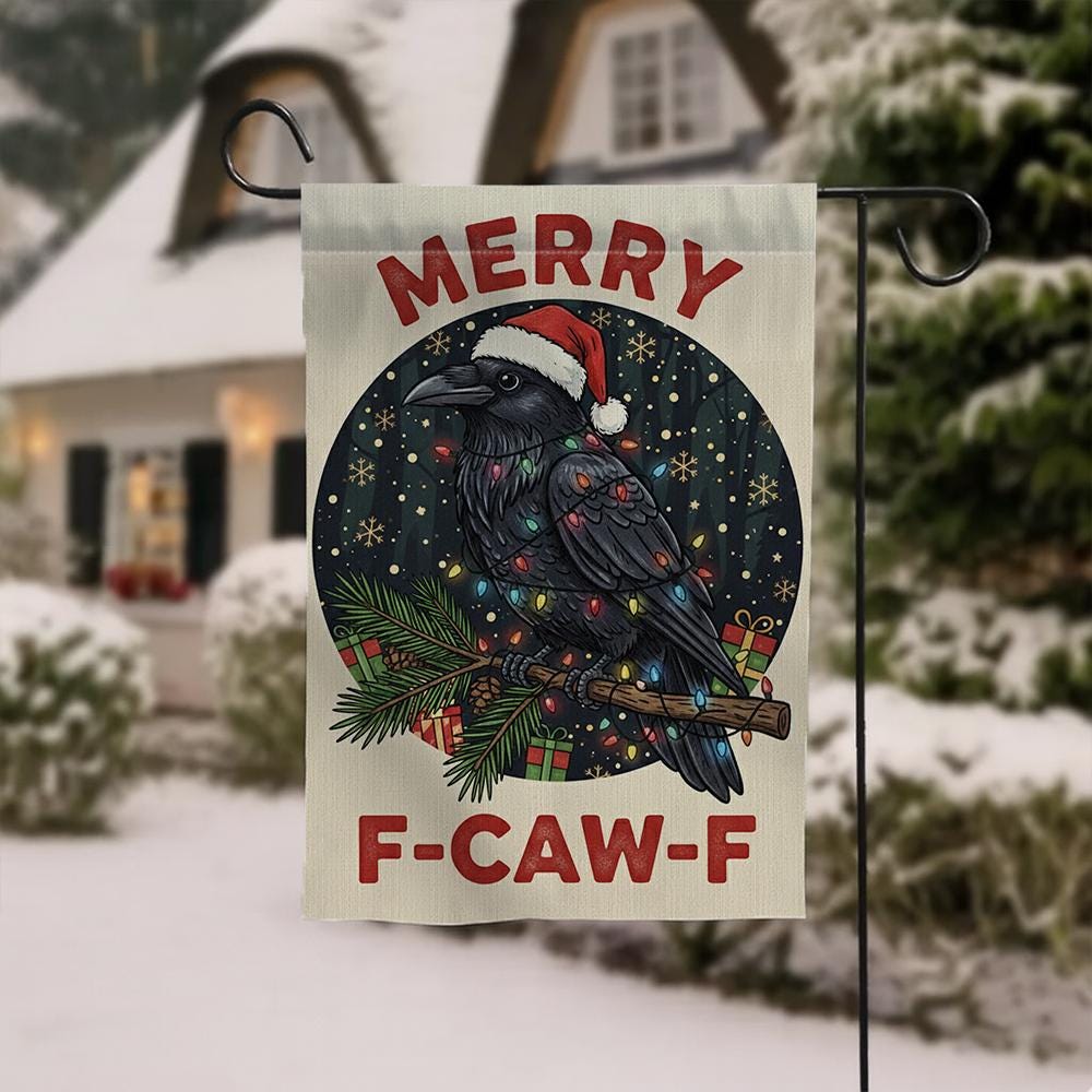 Christmas Garden Flag: Crow Holiday Yard Banner – Funny Raven Outdoor Decoration