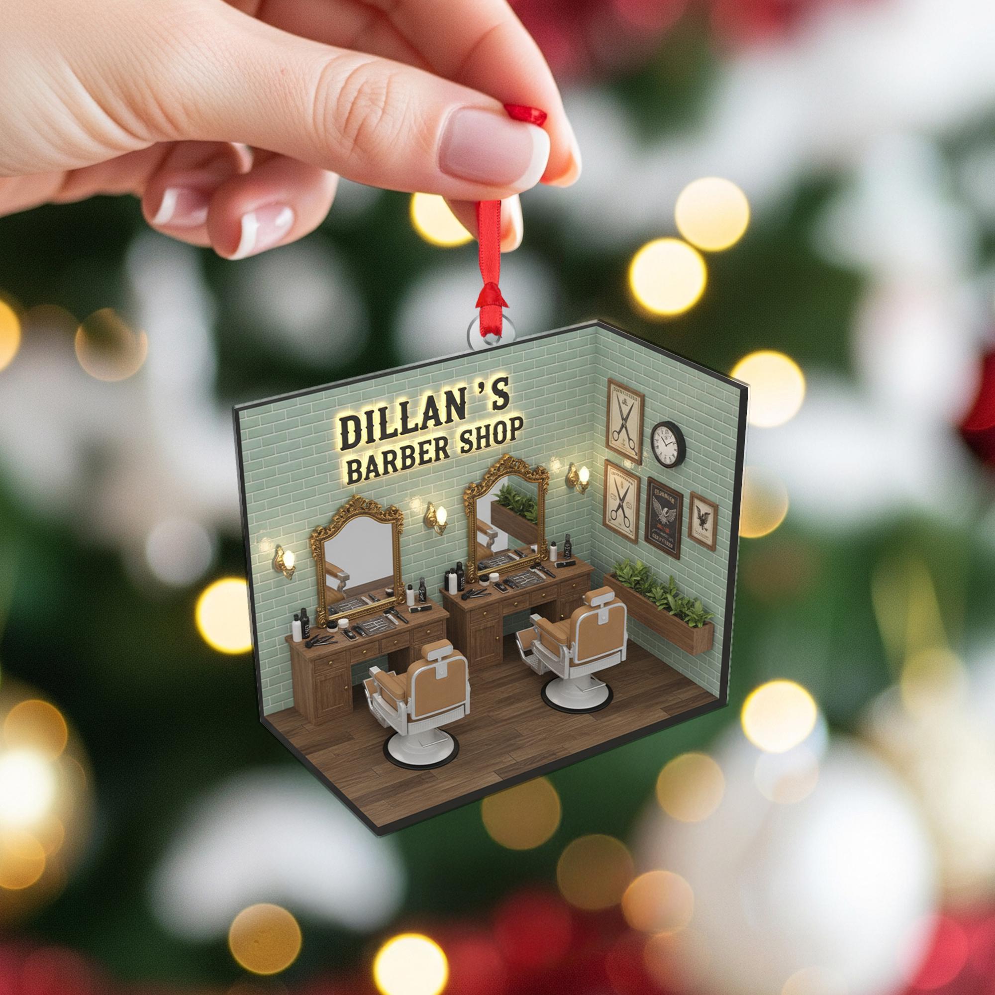 Personalized Barbershop Ornament – Acrylic and Wood Salon Decoration with Mirror and Chair Design