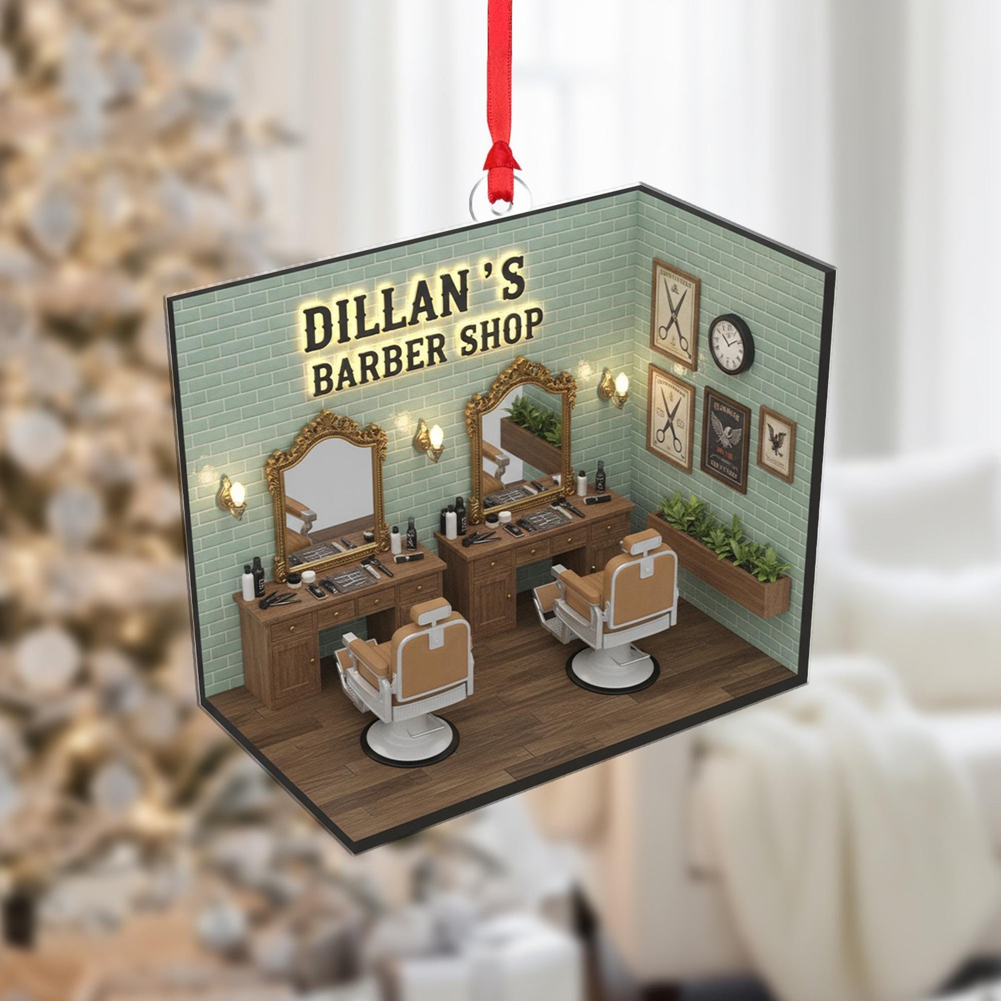 Personalized Barbershop Ornament – Acrylic and Wood Salon Decoration with Mirror and Chair Design