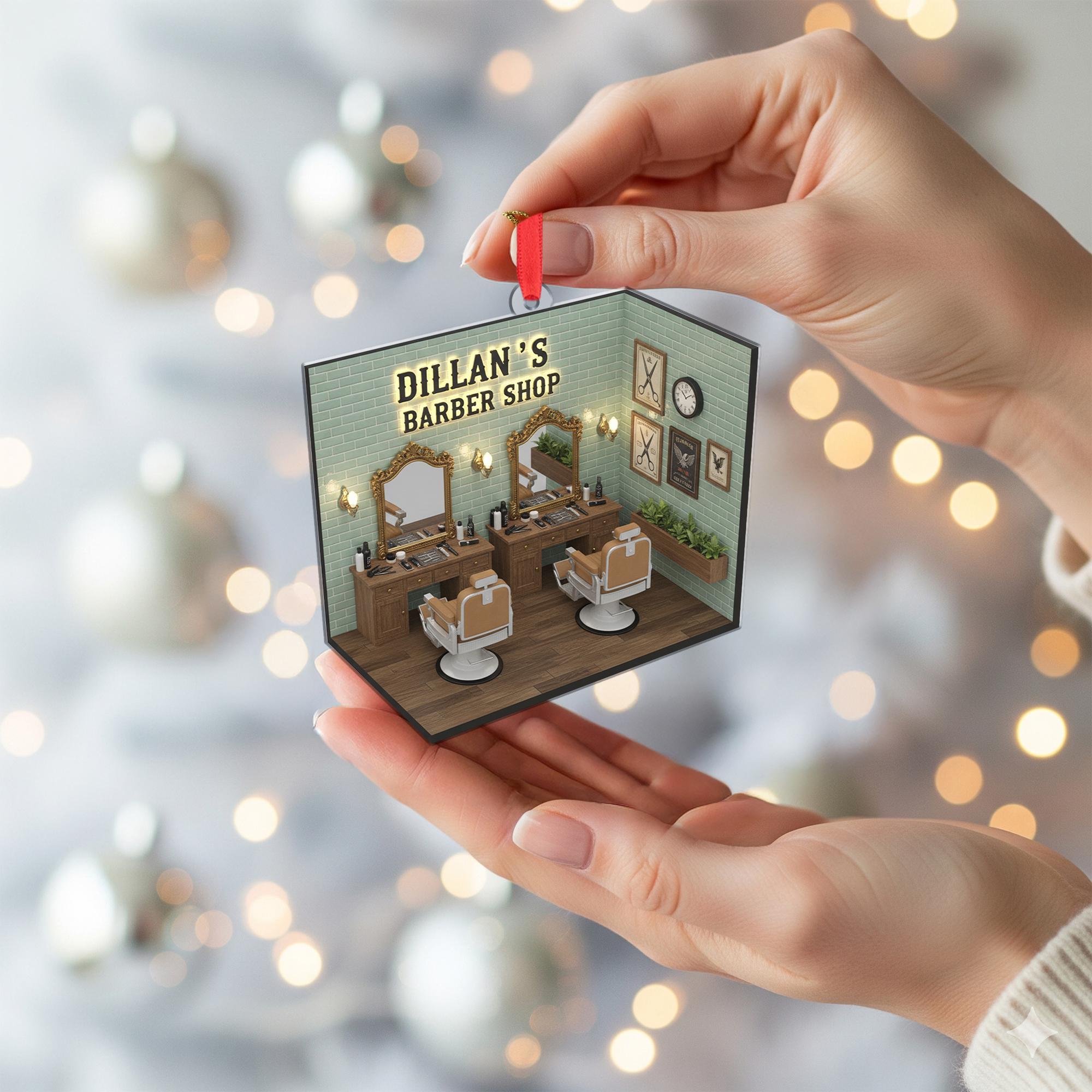 Personalized Barbershop Ornament – Acrylic and Wood Salon Decoration with Mirror and Chair Design