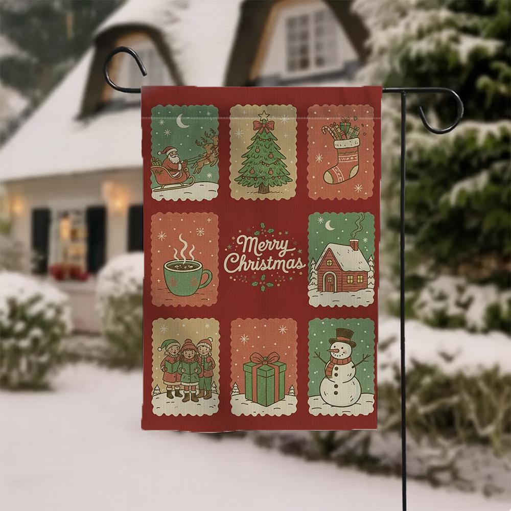 Merry Christmas Collage Garden Flag: Double-Sided Outdoor Banner