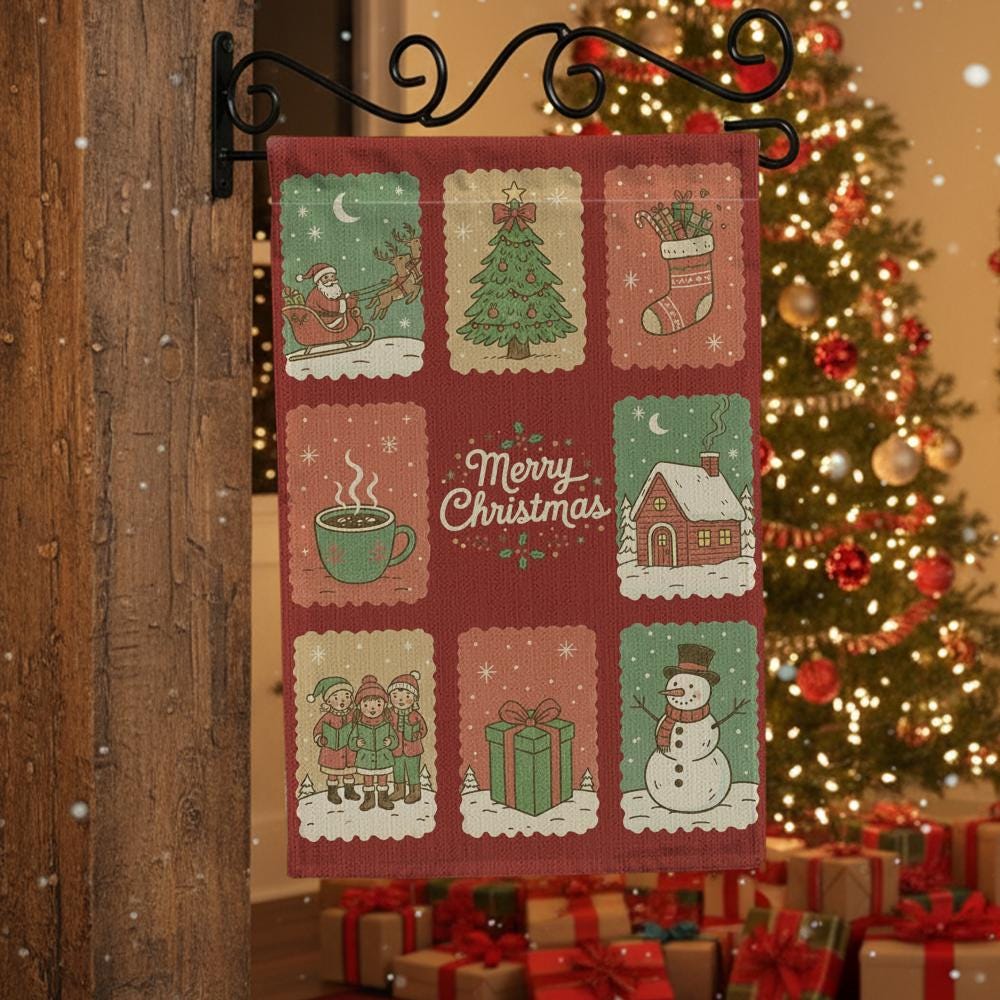 Merry Christmas Collage Garden Flag: Double-Sided Outdoor Banner