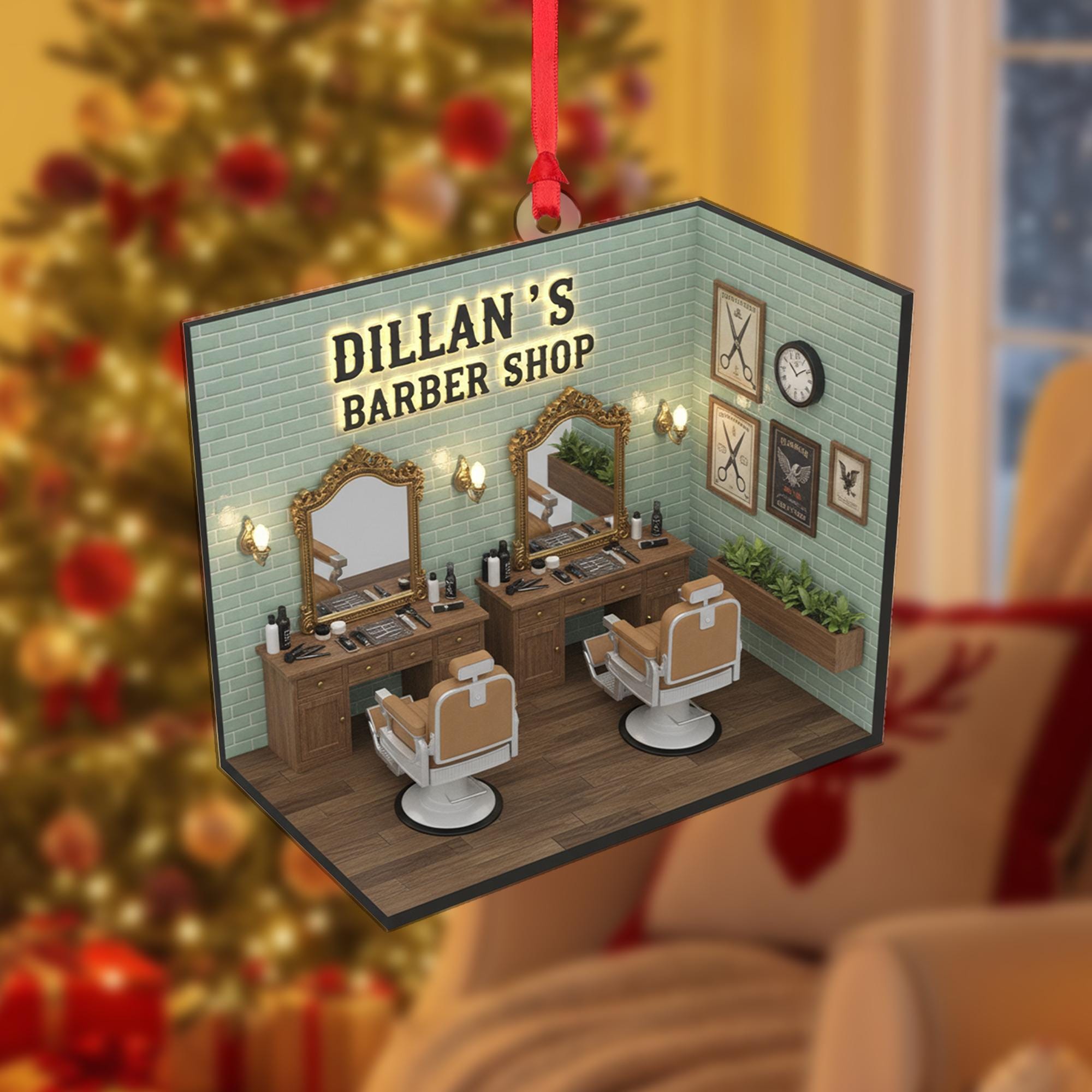 Personalized Barbershop Ornament – Acrylic and Wood Salon Decoration with Mirror and Chair Design