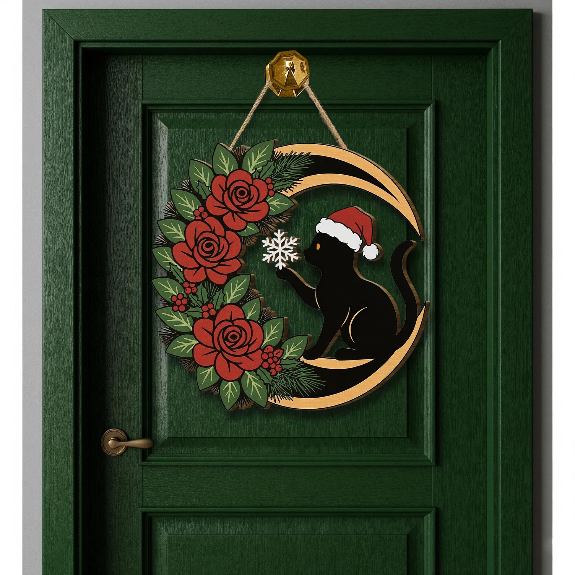 Christmas Cat Crescent Wooden Sign – Personalized Holiday Door Decor