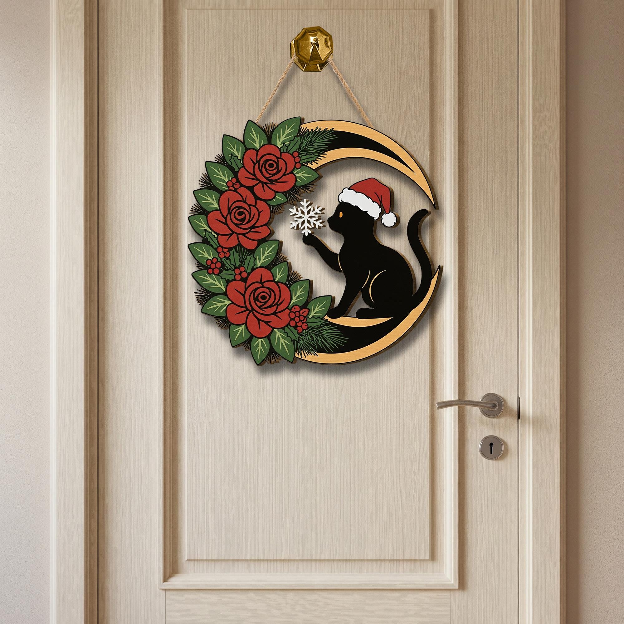 Christmas Cat Crescent Wooden Sign – Personalized Holiday Door Decor