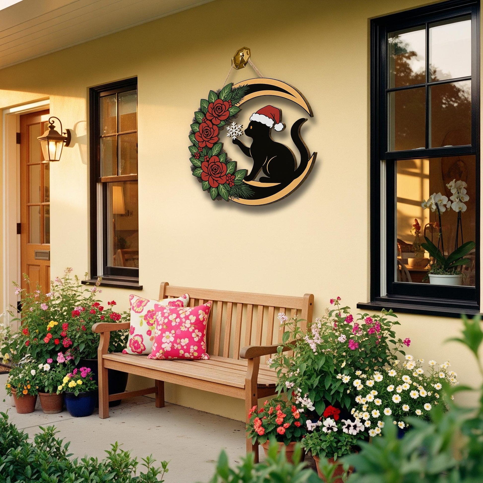 Christmas Cat Crescent Wooden Sign – Personalized Holiday Door Decor