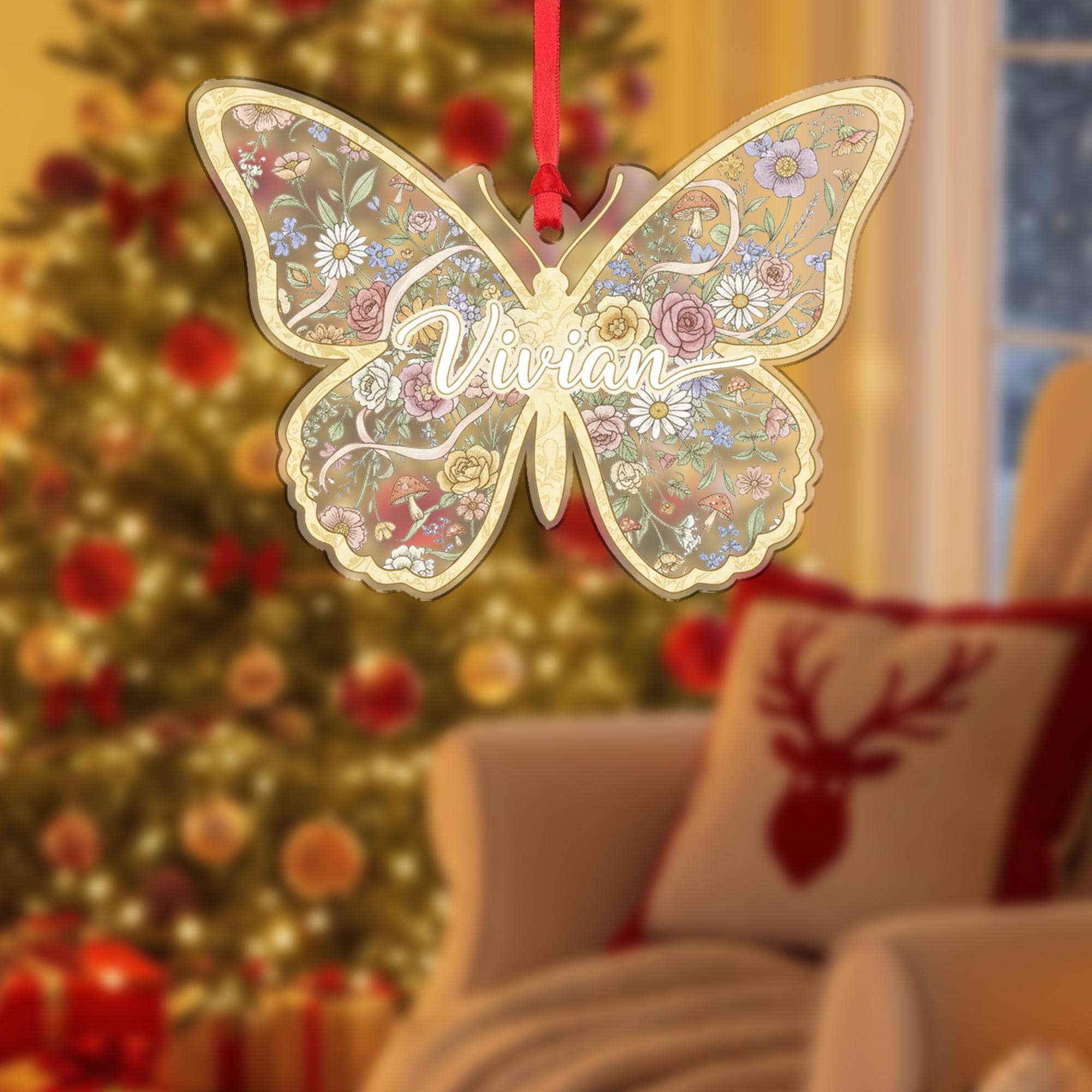 Personalized Butterfly Ornament – Acrylic Floral Decoration with Custom Name Design