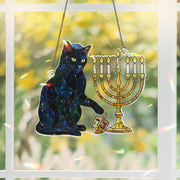 Hanukkah Cat Hologram Window Hanging – Menorah Suncatcher Decor
