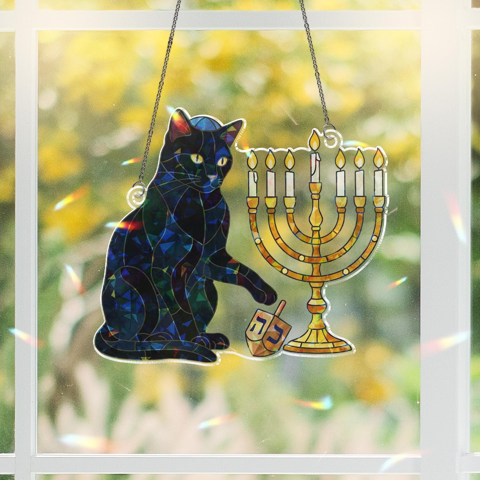 Hanukkah Cat Hologram Window Hanging – Menorah Suncatcher Decor