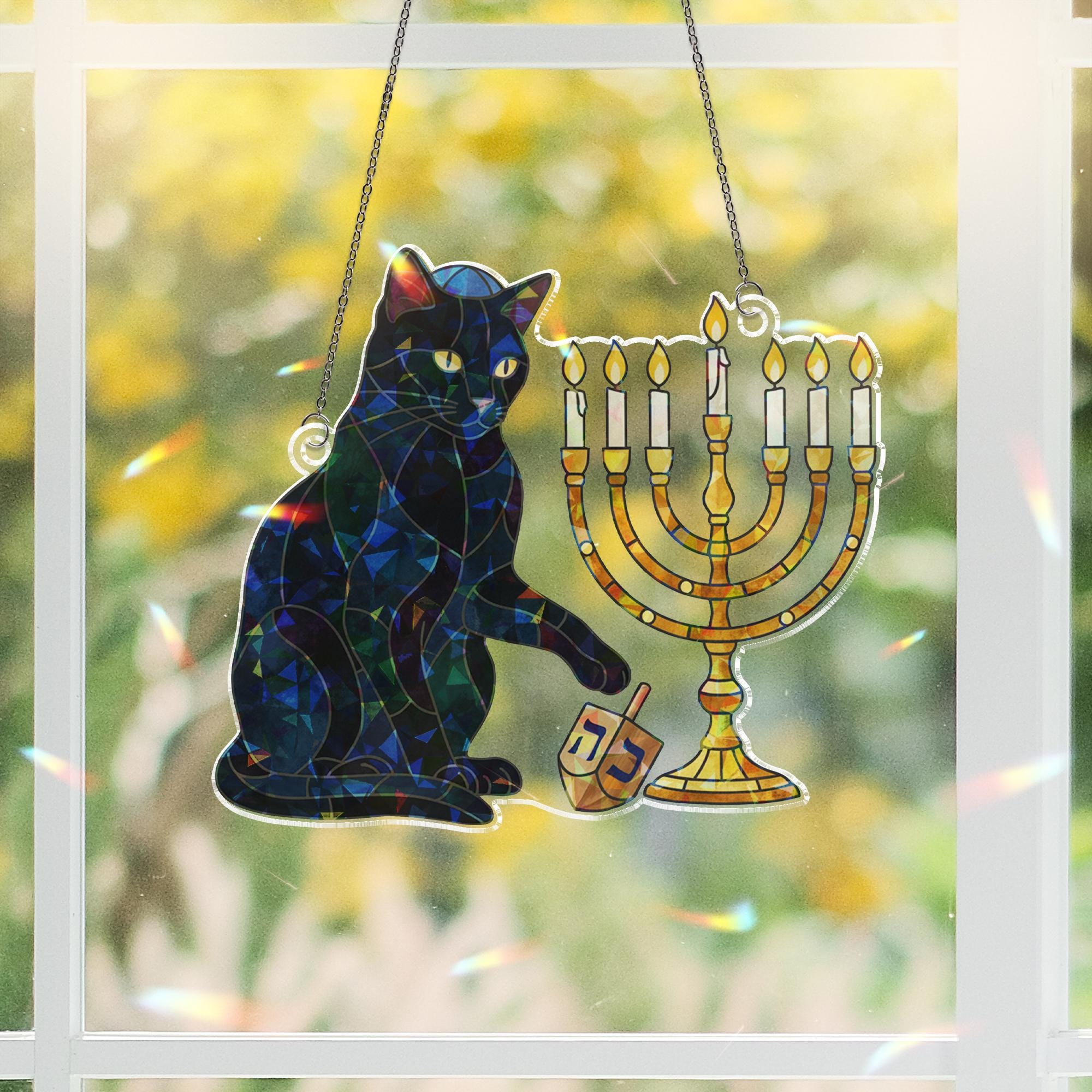 Hanukkah Cat Hologram Window Hanging – Menorah Suncatcher Decor