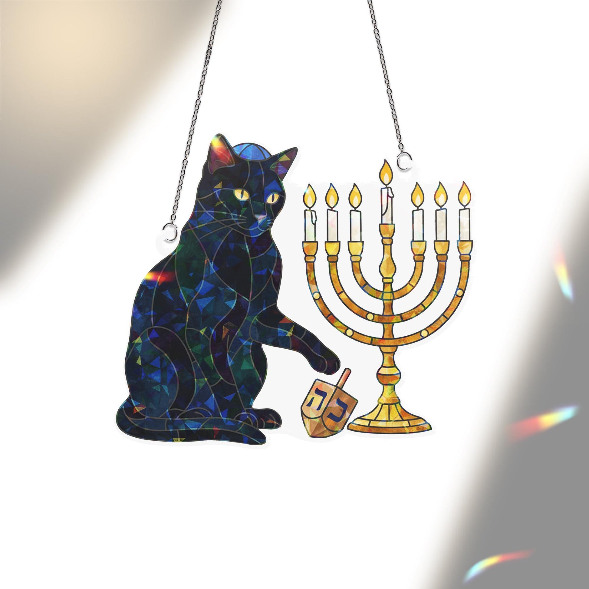 Hanukkah Cat Hologram Window Hanging – Menorah Suncatcher Decor