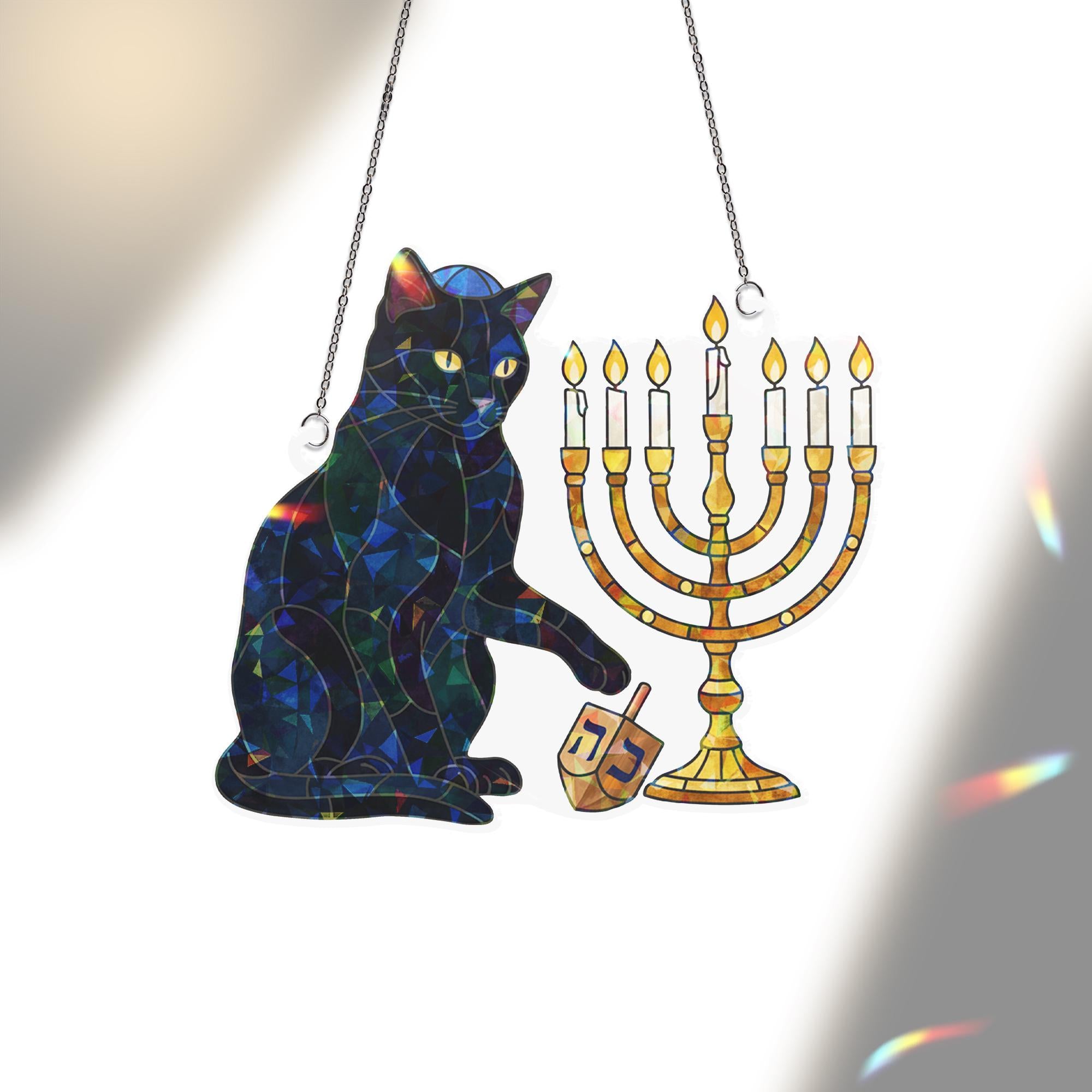 Hanukkah Cat Hologram Window Hanging – Menorah Suncatcher Decor