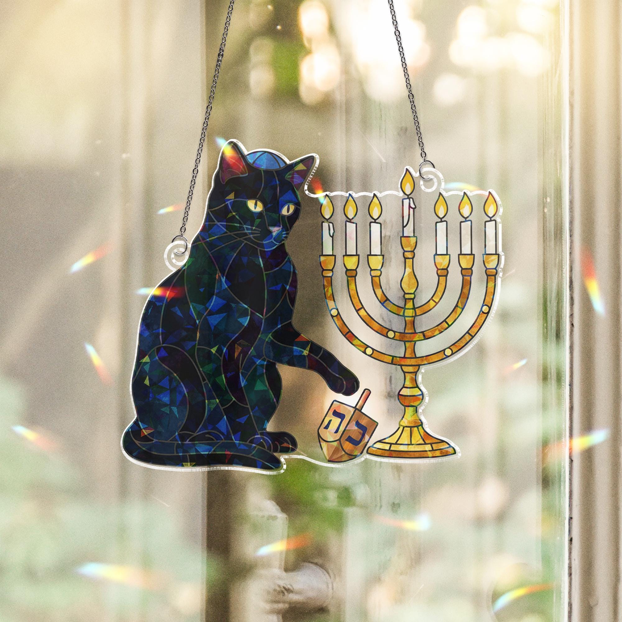Hanukkah Cat Hologram Window Hanging – Menorah Suncatcher Decor
