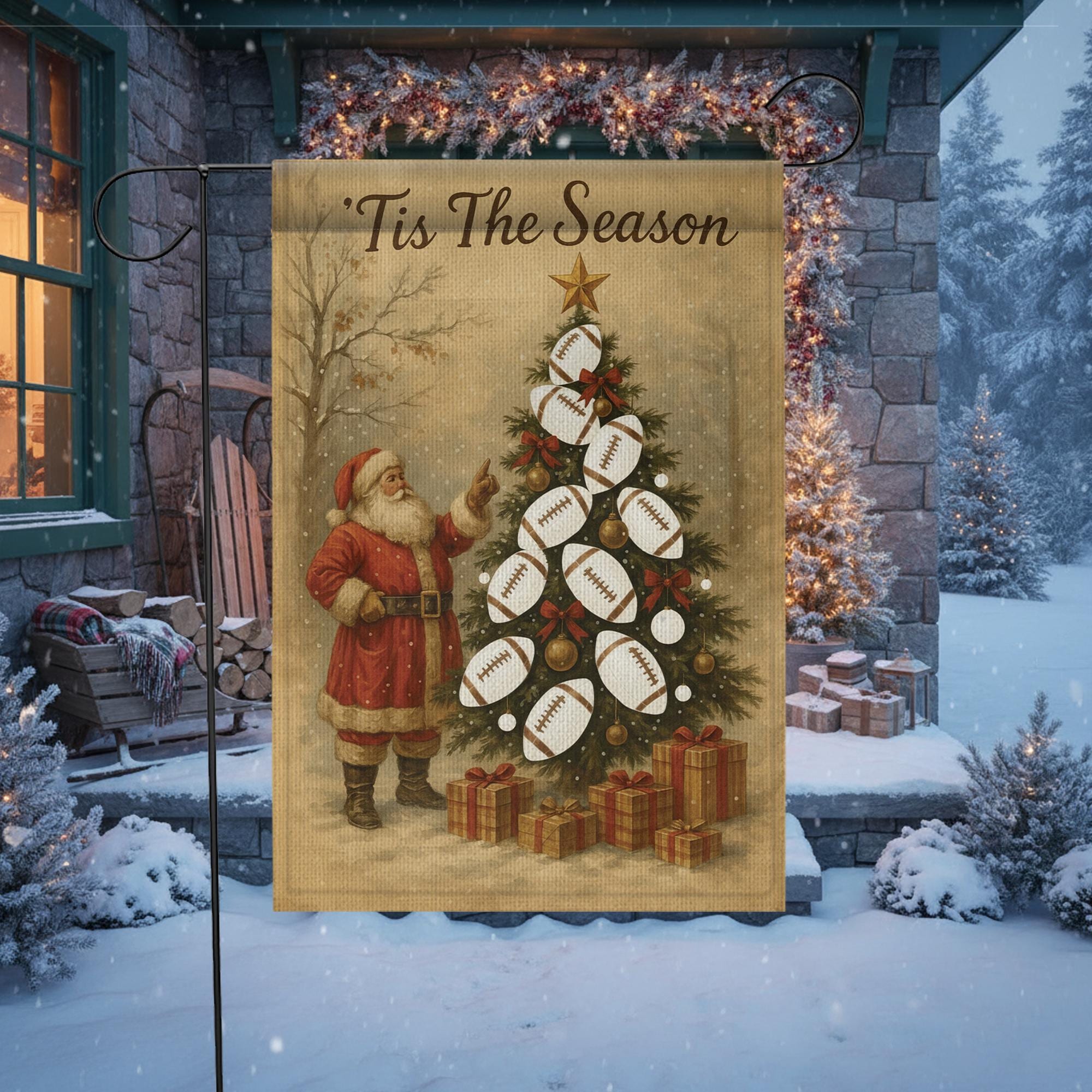Tis The Season Rugby Garden Flag – Santa Christmas Outdoor Yard Banner for Sports Fans