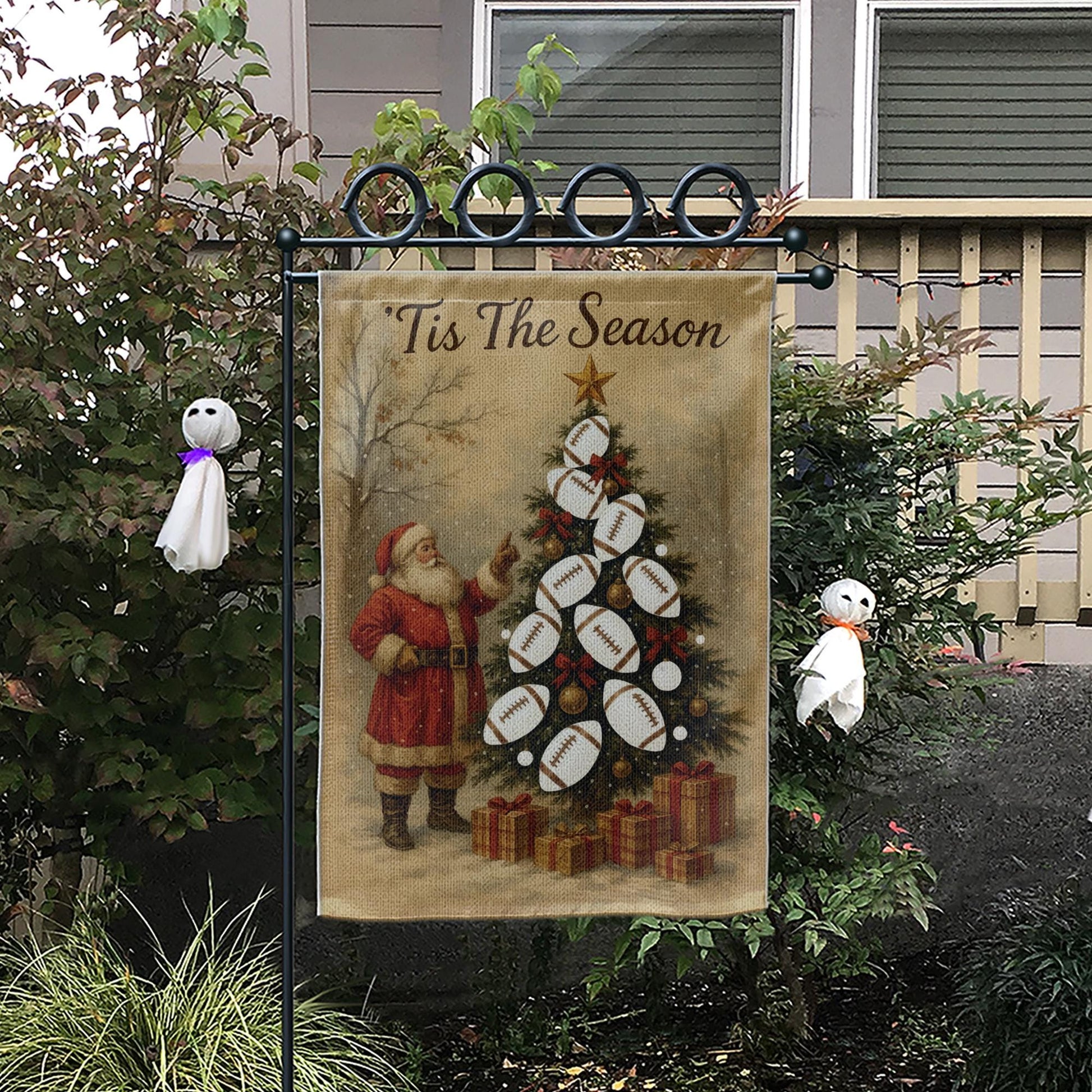 Tis The Season Rugby Garden Flag – Santa Christmas Outdoor Yard Banner for Sports Fans