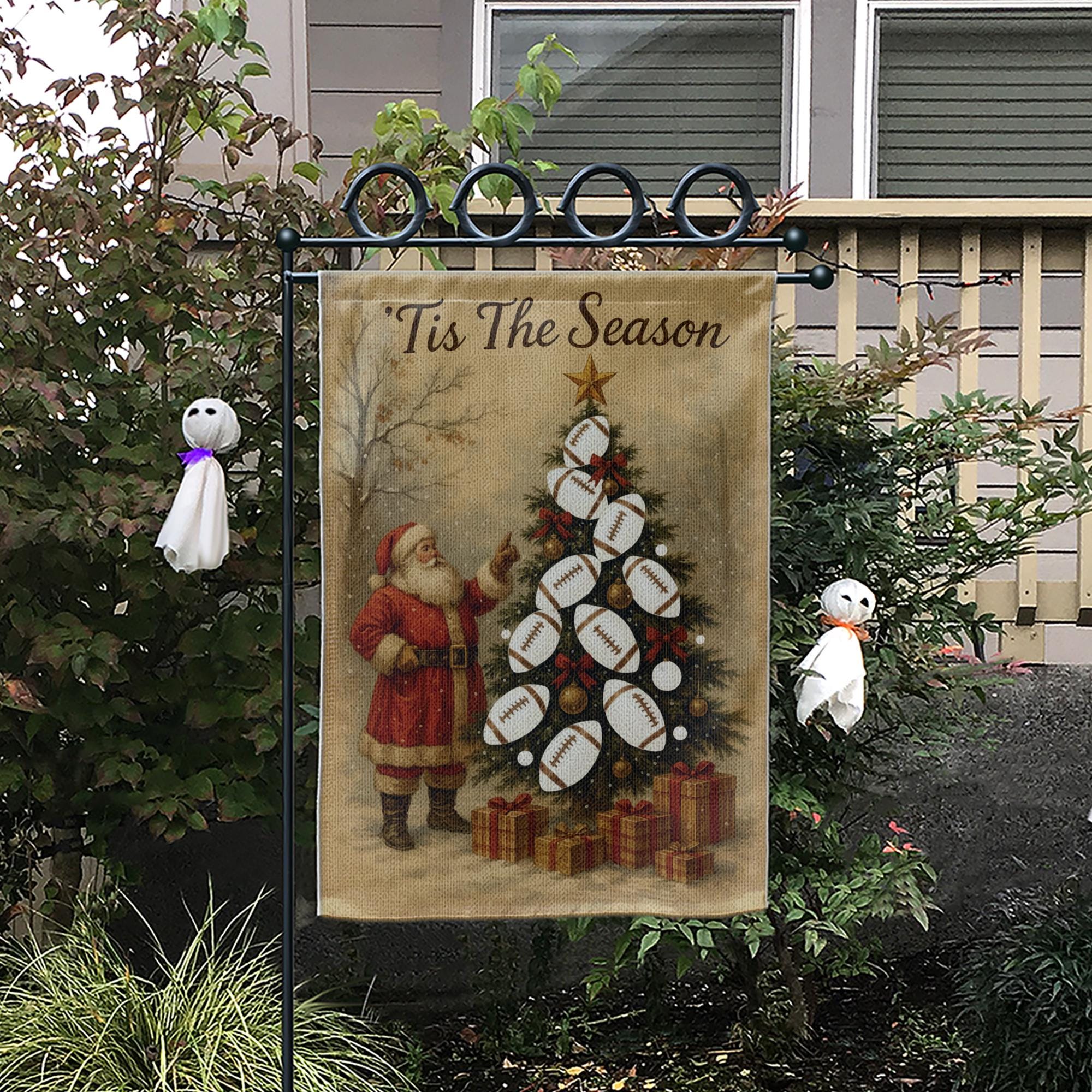 Tis The Season Rugby Garden Flag – Santa Christmas Outdoor Yard Banner for Sports Fans