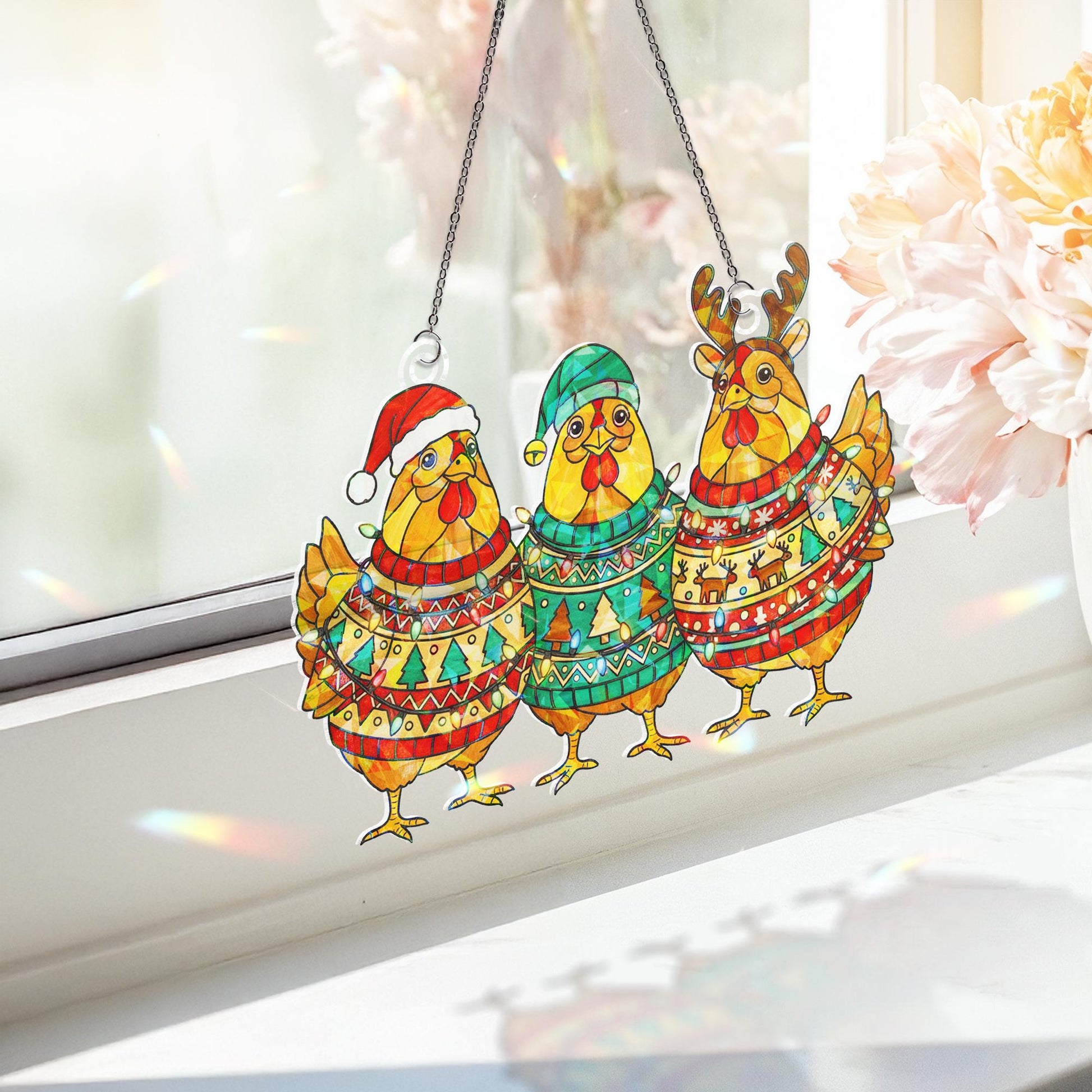 Christmas Chicken Hologram Window Hanging – Funny Holiday Hen Suncatcher Farmhouse Decor