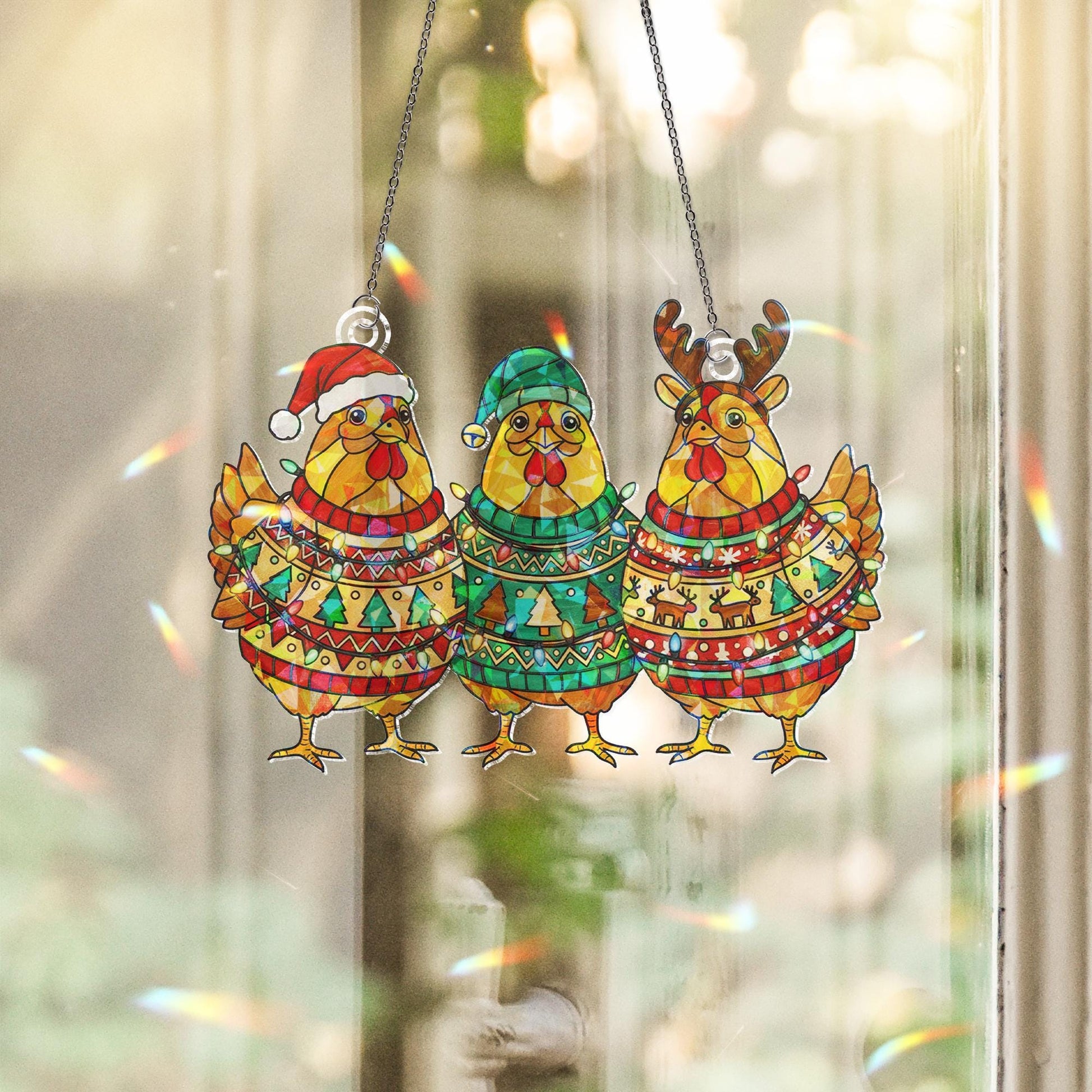 Christmas Chicken Hologram Window Hanging – Funny Holiday Hen Suncatcher Farmhouse Decor