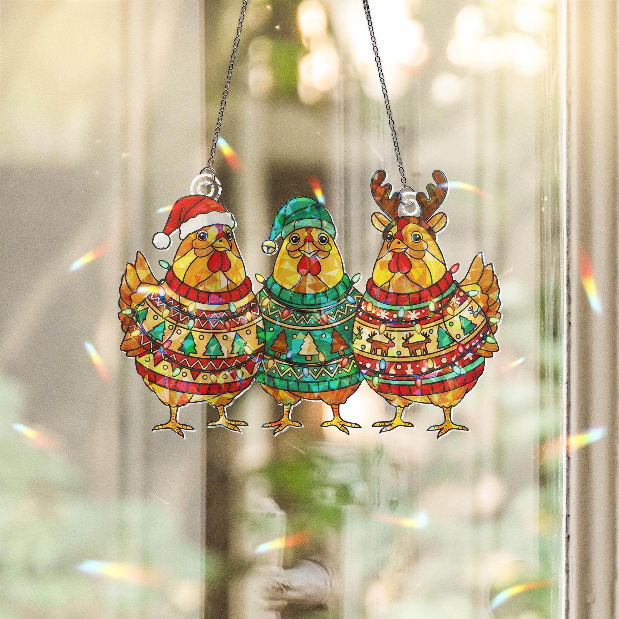 Christmas Chicken Hologram Window Hanging – Funny Holiday Hen Suncatcher Farmhouse Decor