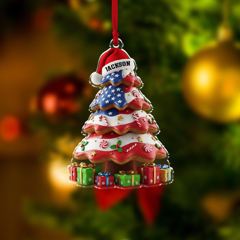 Custom Name Christmas Tree Ornament, Patriotic Holiday Decoration, Personalized USA Flag Keepsake