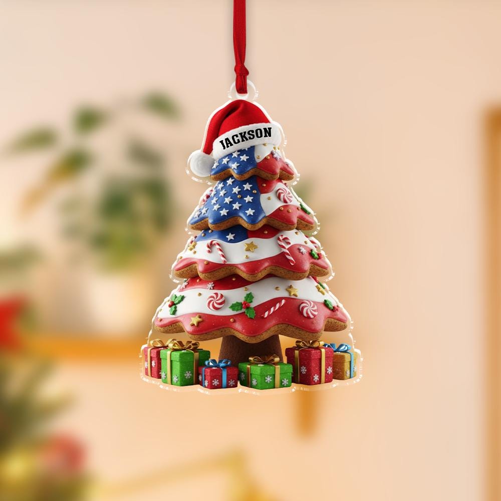 Custom Name Christmas Tree Ornament, Patriotic Holiday Decoration, Personalized USA Flag Keepsake