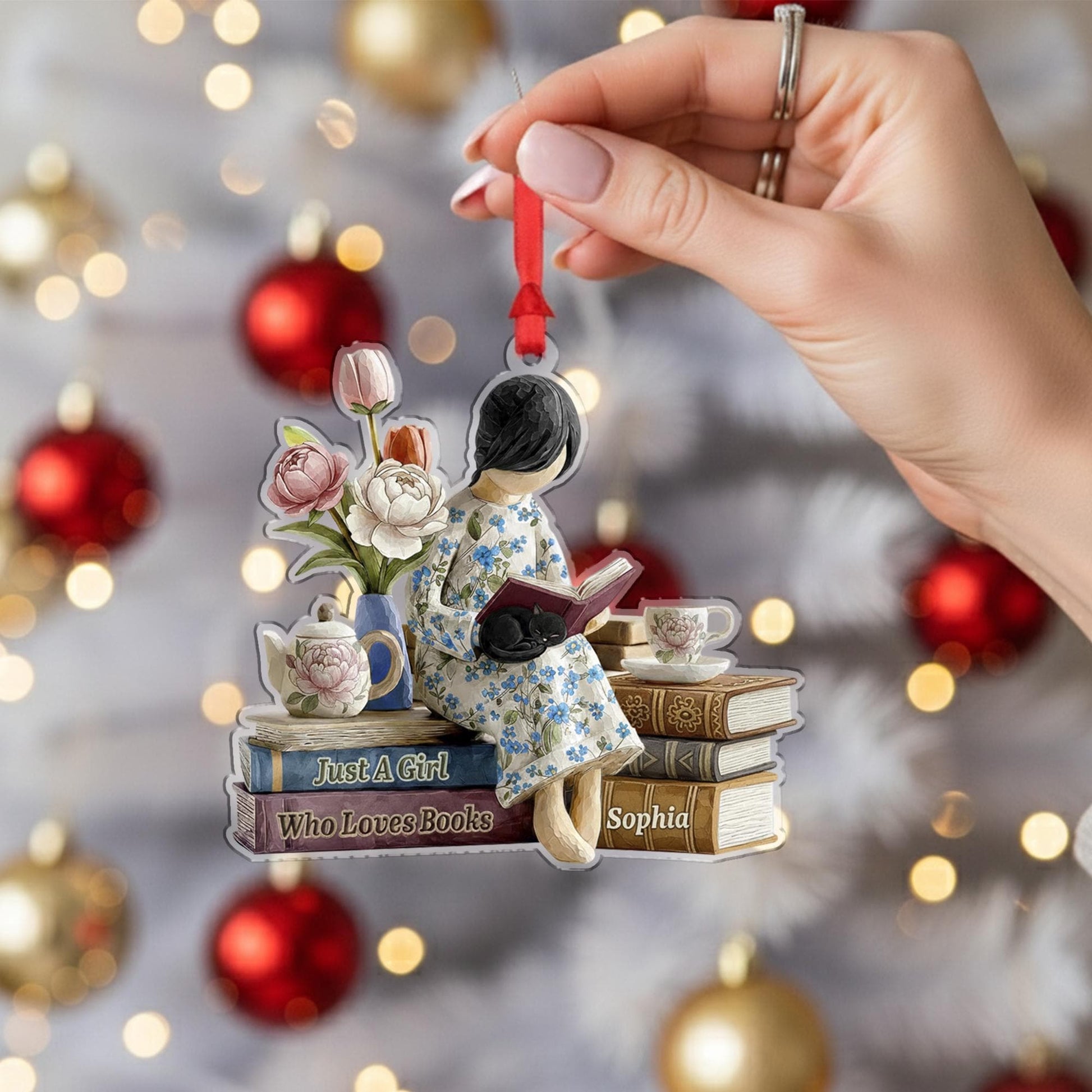 Personalized Book Lover Ornament – Reading Girl Design with Floral Details and Stack of Books image 4