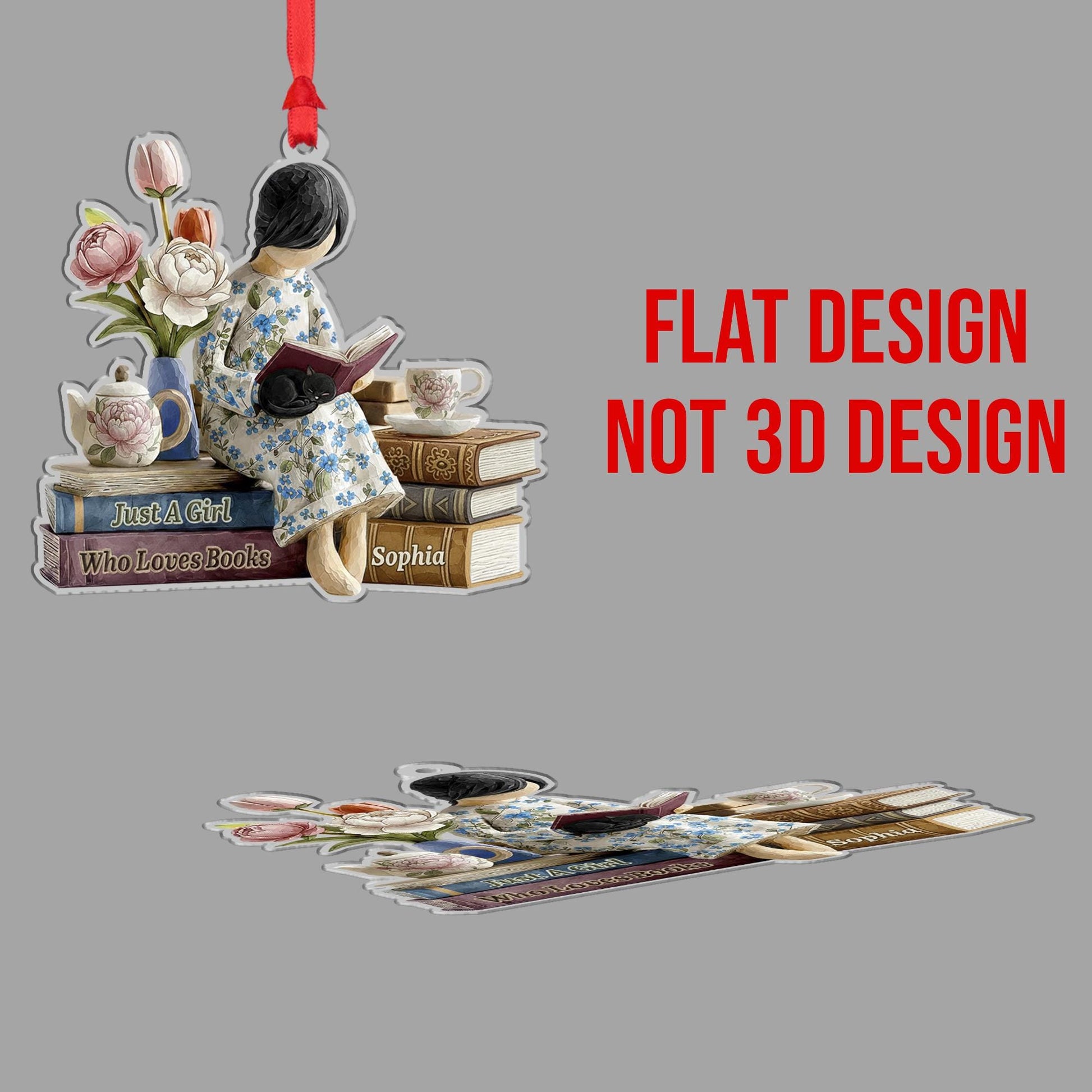 Personalized Book Lover Ornament – Reading Girl Design with Floral Details and Stack of Books image 2