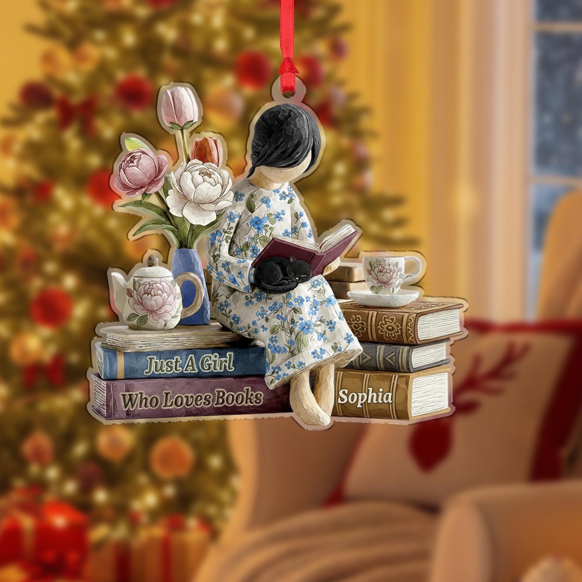 Personalized Book Lover Ornament – Reading Girl Design with Floral Details and Stack of Books image 1