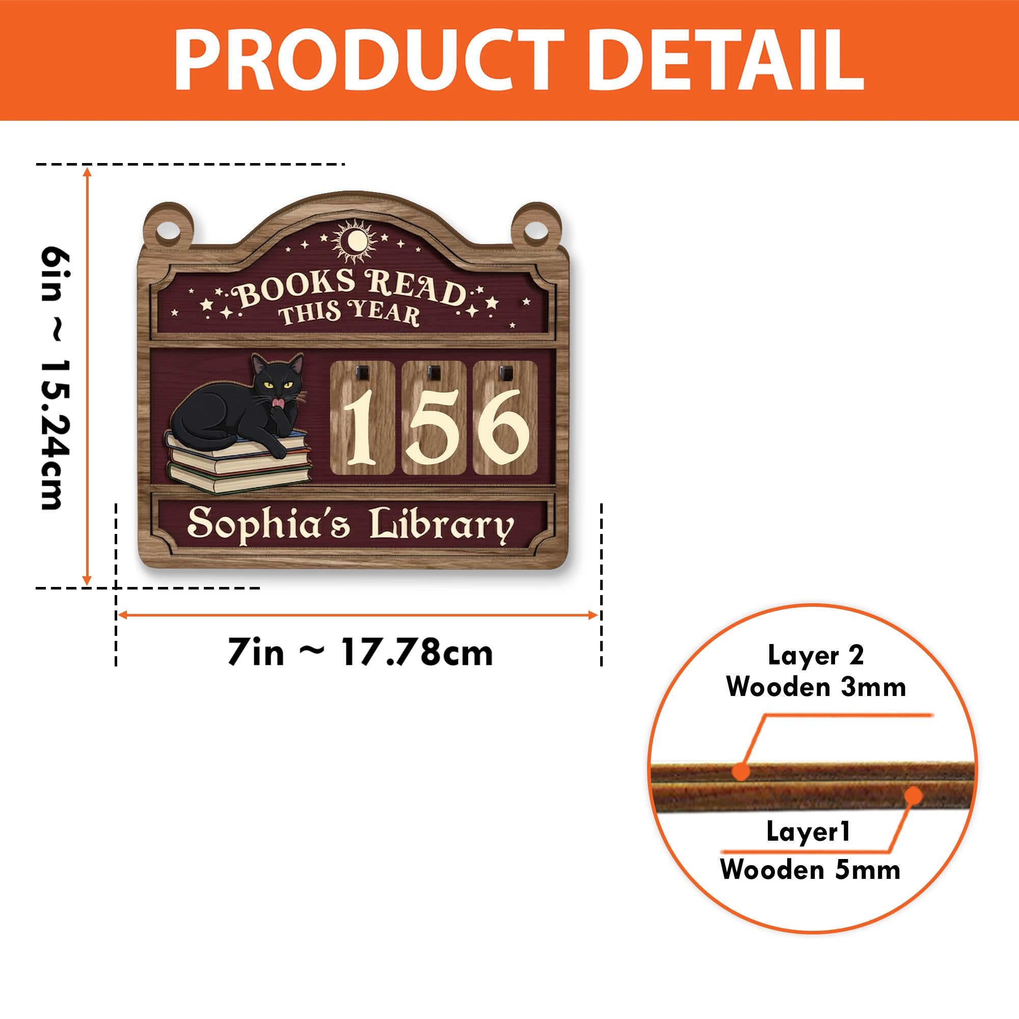 Personalized Wooden Book Tracker – Reading Log Display with Black Cat and Number Tiles image 7