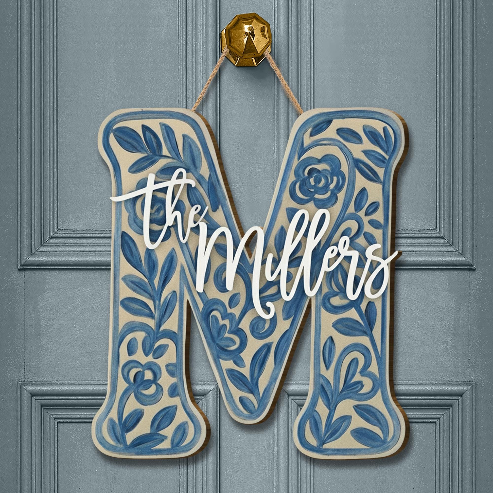 Custom Chinoiserie Monogram Wooden Sign: Personalized Blue Floral Initial Home Sign image 2