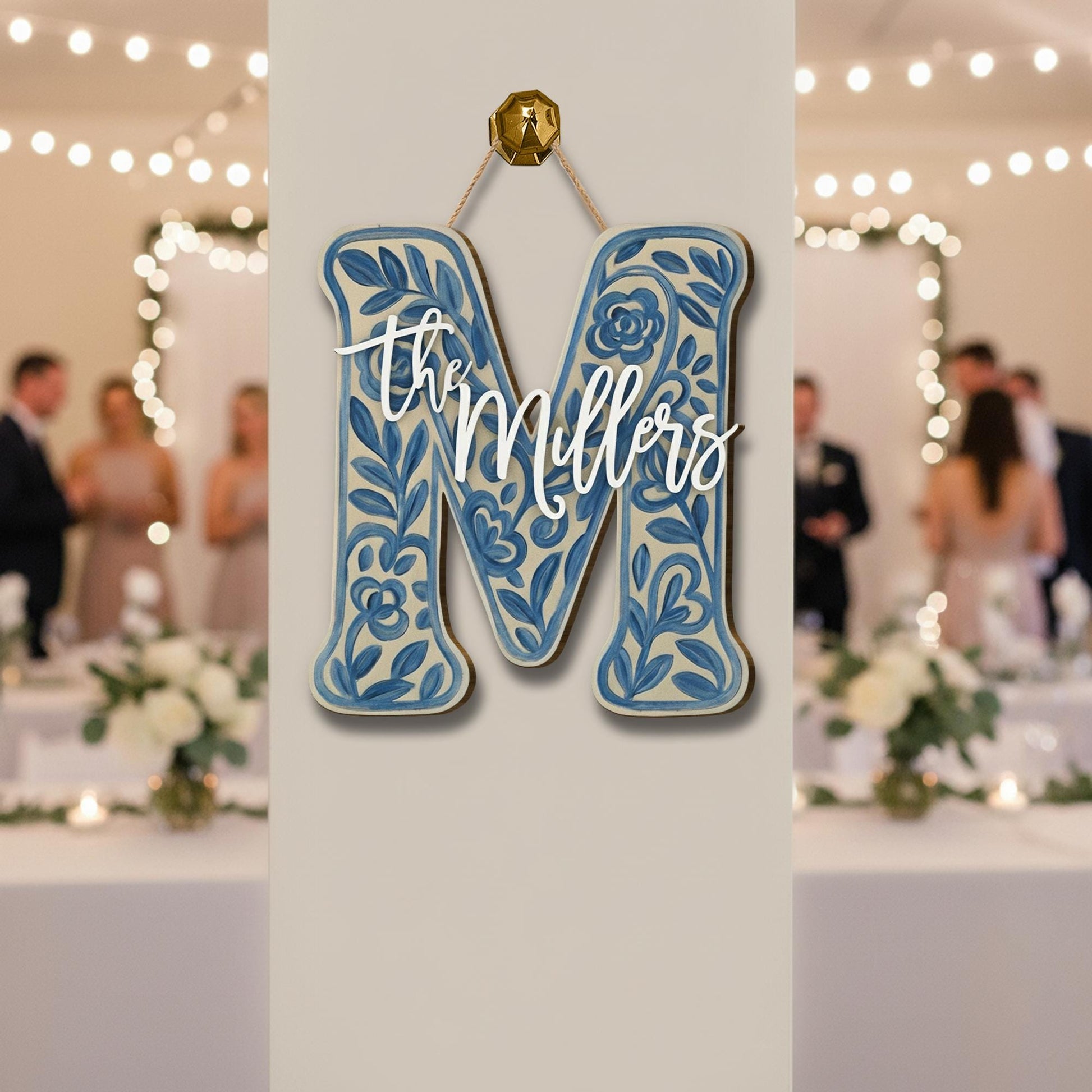 Custom Chinoiserie Monogram Wooden Sign: Personalized Blue Floral Initial Home Sign image 1