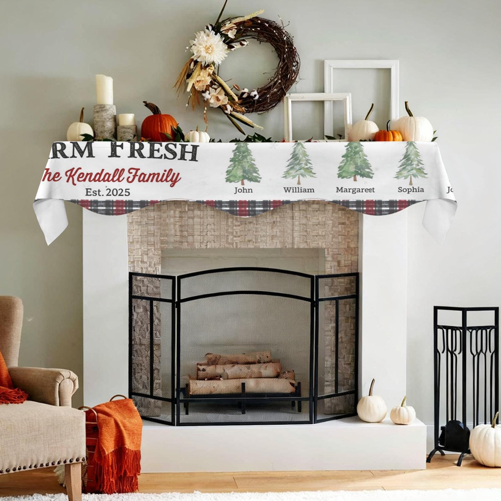 Custom Winter Farm Fresh Family Fireplace Mantel Scarf: Holiday Hearth Decoration image 5