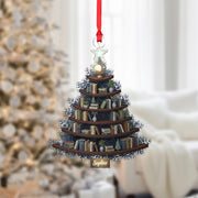 Personalized Book Tree Ornament: Acrylic Christmas Shape with Bookshelf, Chinoiserie Vases, Custom Name Sign image 1