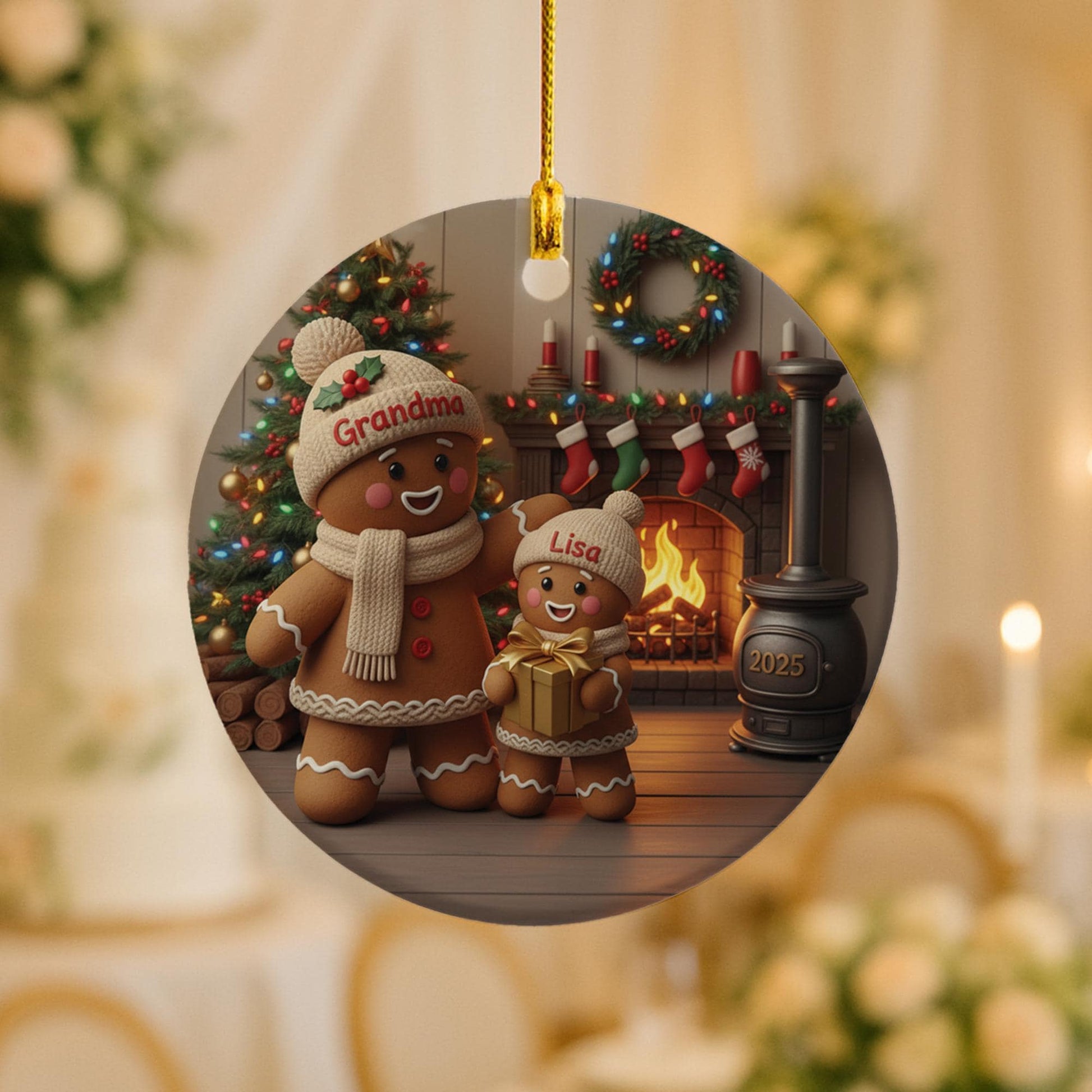 Personalized Gingerbread Ornament: Ceramic Round Keepsake with Grandma & Grandchild, Custom Names, Fireplace Scene, 2025 image 2