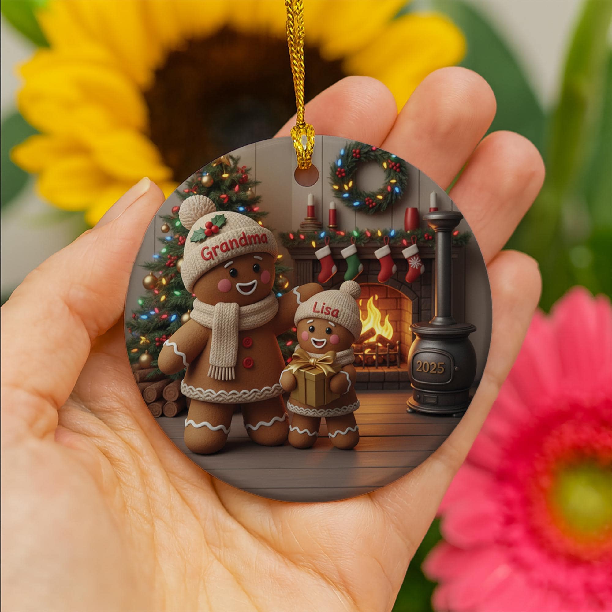 Personalized Gingerbread Ornament: Ceramic Round Keepsake with Grandma & Grandchild, Custom Names, Fireplace Scene, 2025 image 4