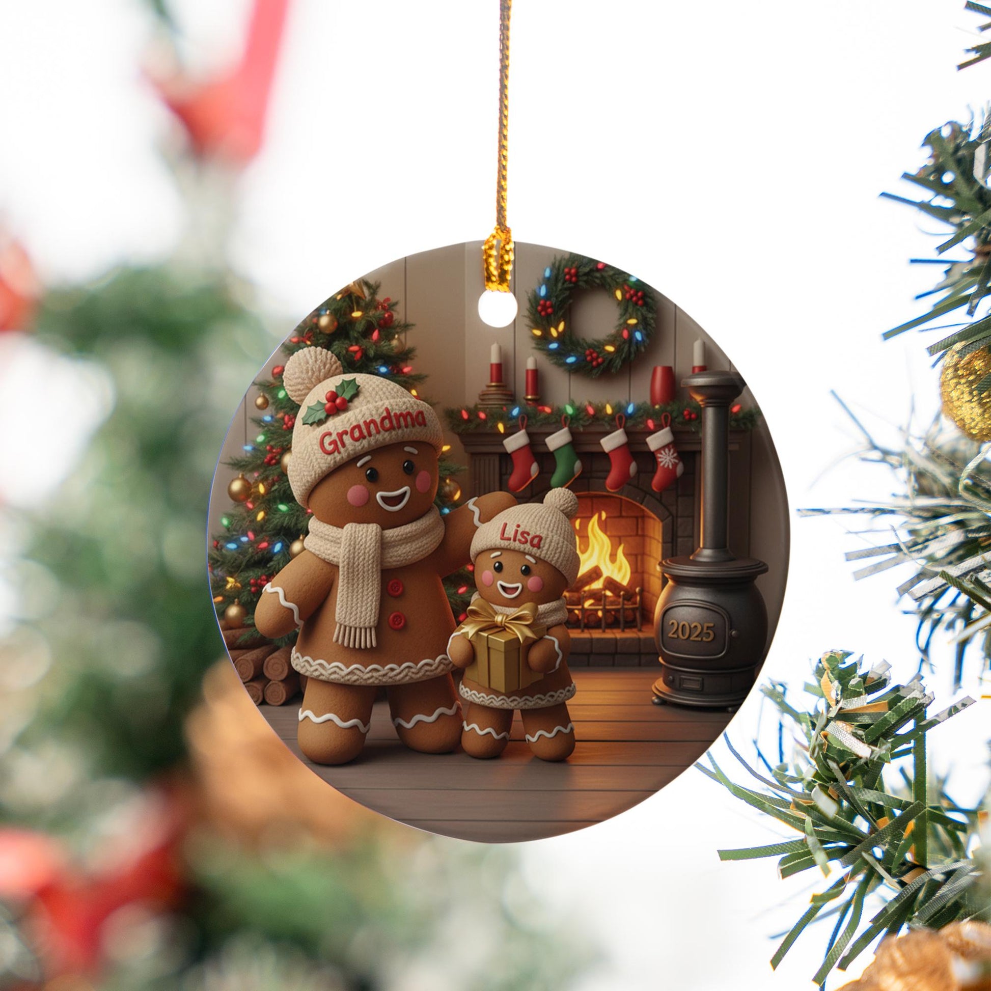 Personalized Gingerbread Ornament: Ceramic Round Keepsake with Grandma & Grandchild, Custom Names, Fireplace Scene, 2025 image 6