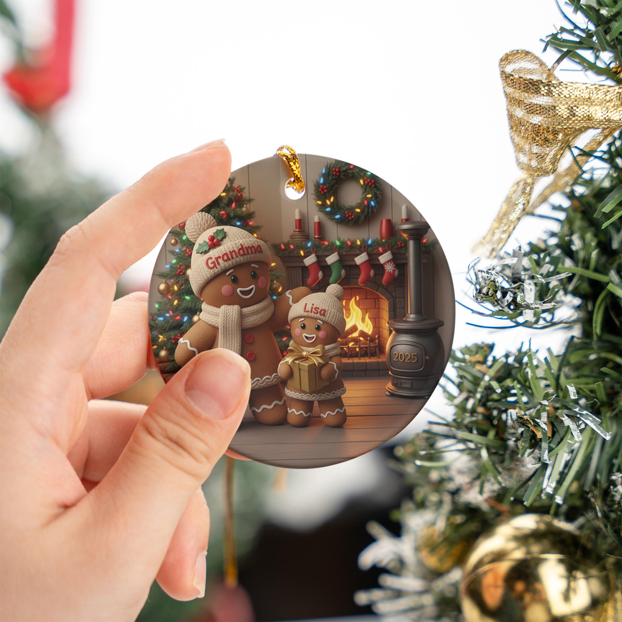 Personalized Gingerbread Ornament: Ceramic Round Keepsake with Grandma & Grandchild, Custom Names, Fireplace Scene, 2025 image 7