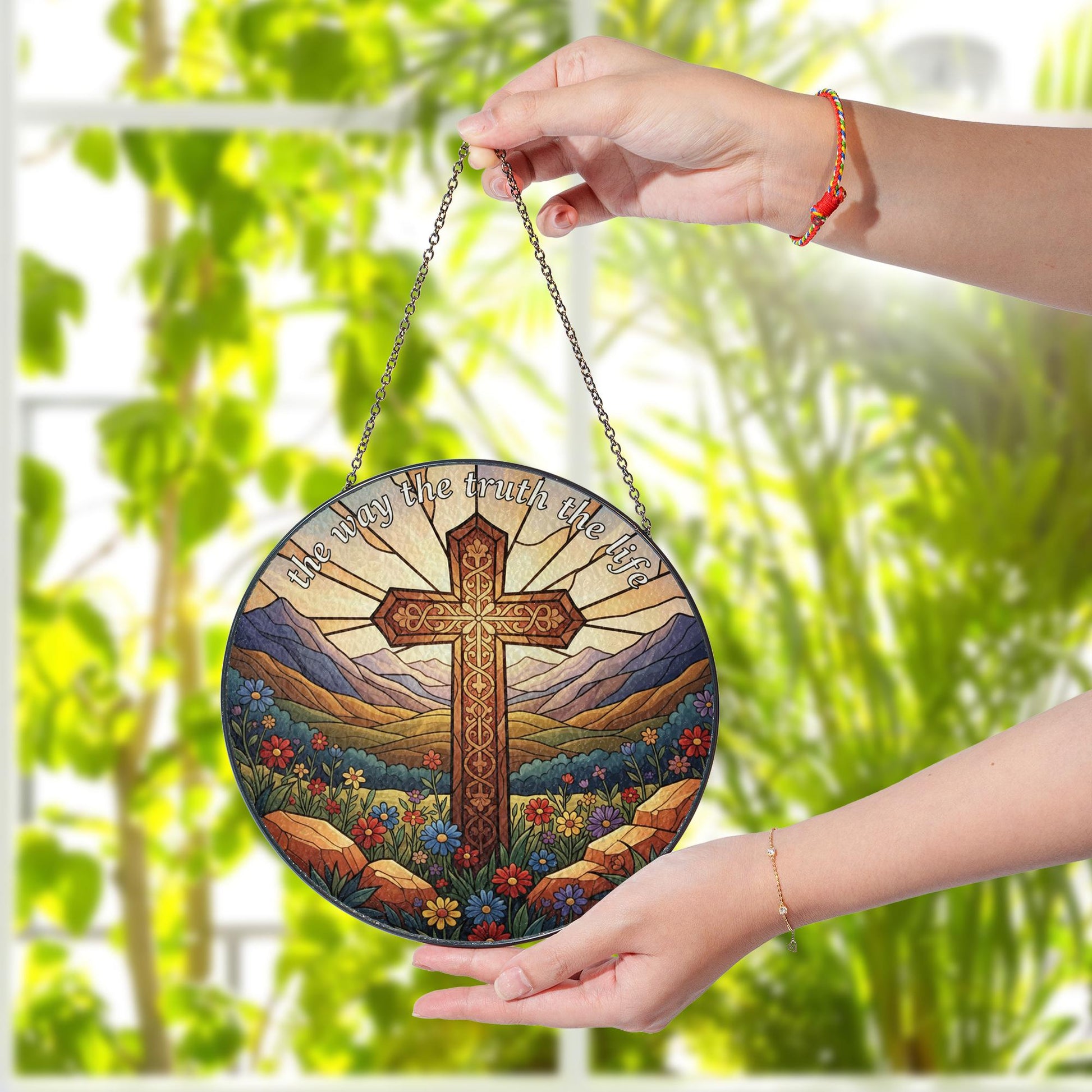Glass Suncatcher: Christian Cross Decor with "The Way The Truth The Life", Round, Mountain Landscape image 6