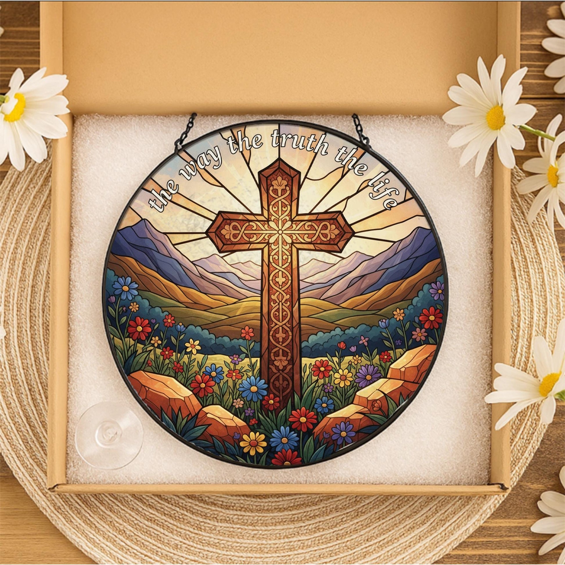 Glass Suncatcher: Christian Cross Decor with "The Way The Truth The Life", Round, Mountain Landscape image 3